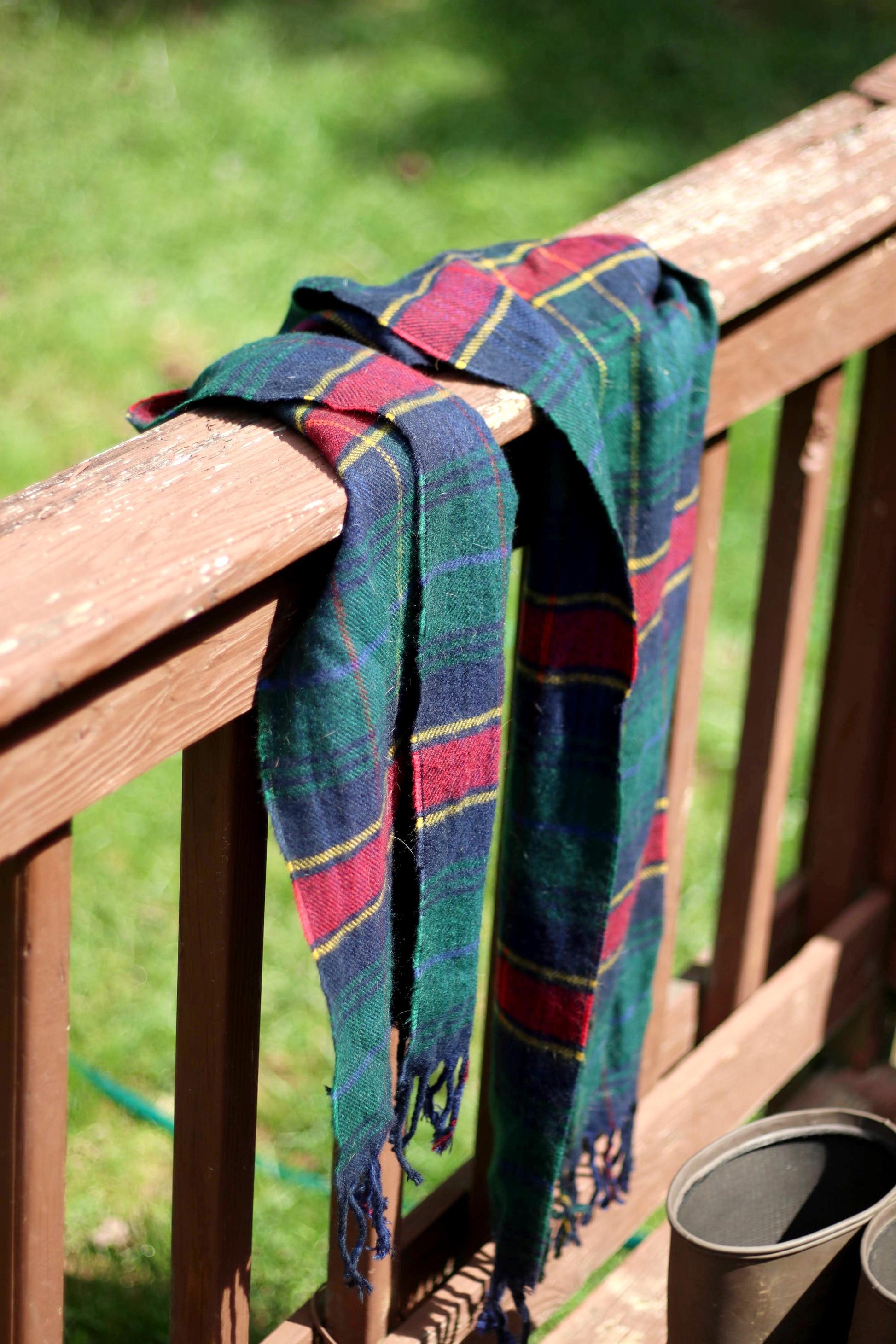 90s Plaid Scarf| Vintage Classic Checkered Green, Red and Yellow Unisex Scarf|