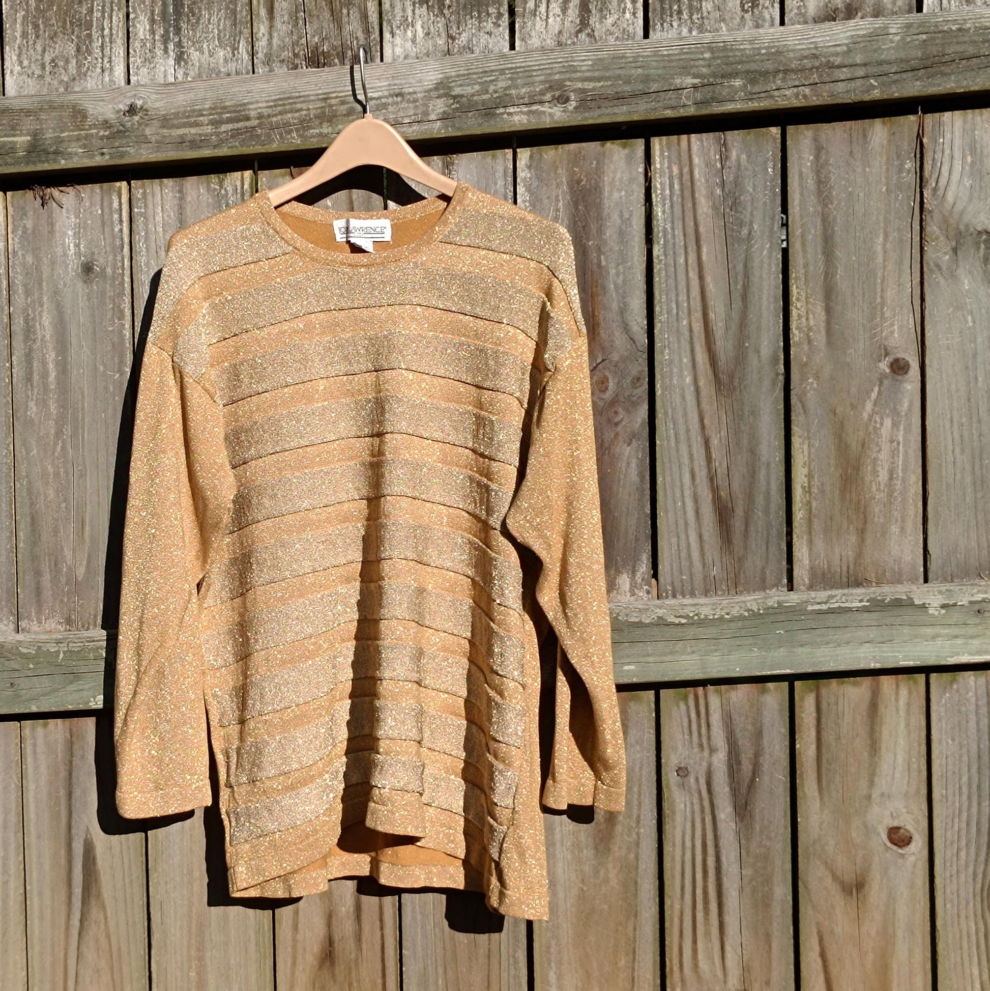 80s Jon Lawrence Party Top| Vintage Metallic Festive Blouse| Gold-Tone Shimmery Women's Festive Crew neck