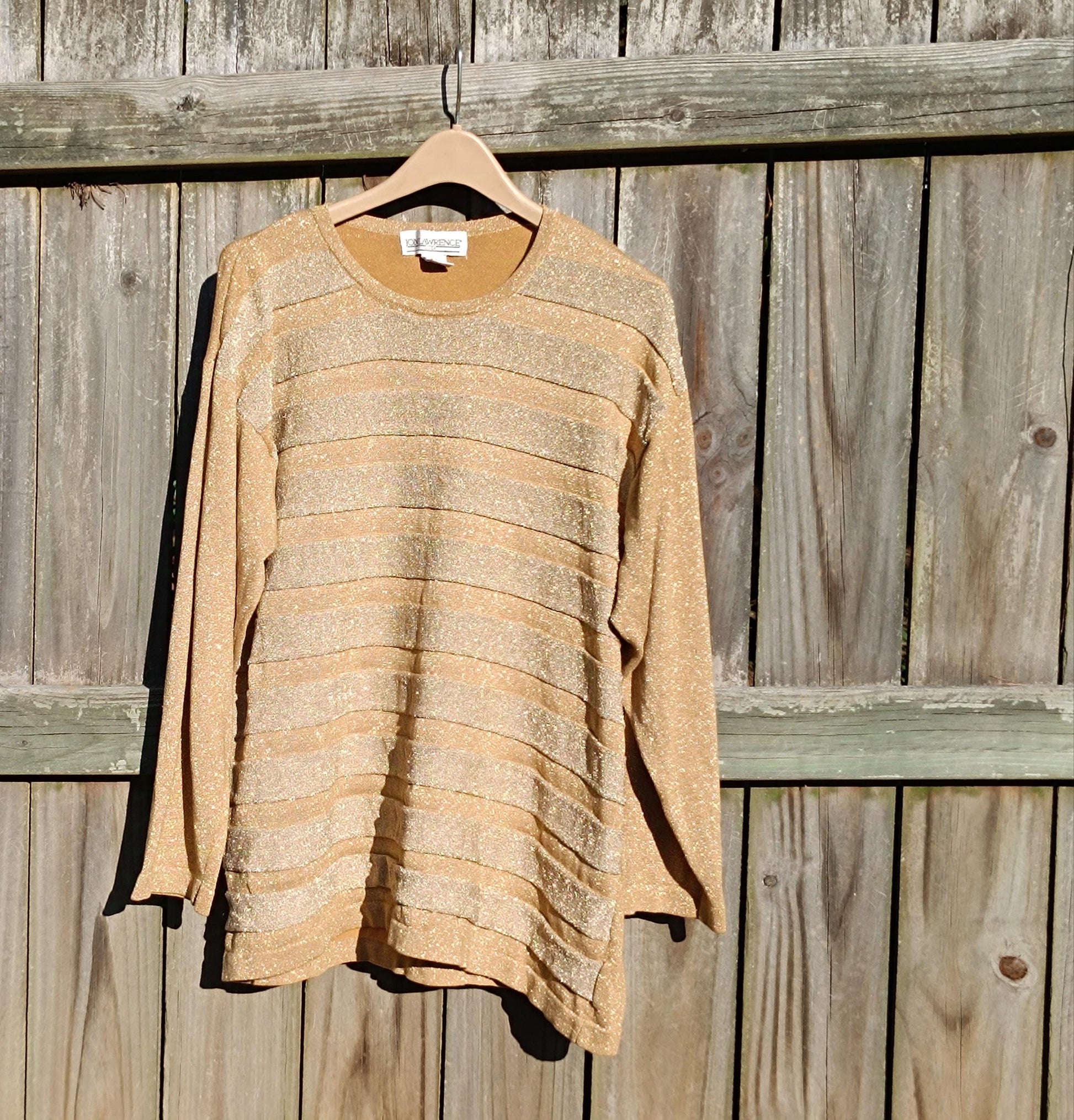 80s Jon Lawrence Party Top| Vintage Metallic Festive Blouse| Gold-Tone Shimmery Women's Festive Crew neck