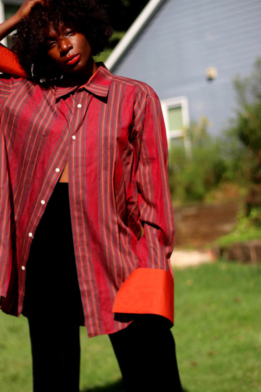 y2k Claiborne Shirt| Vintage Red Long Sleeved Blouse| Women's Striped Maximalist Paisley Print Festive Blouse