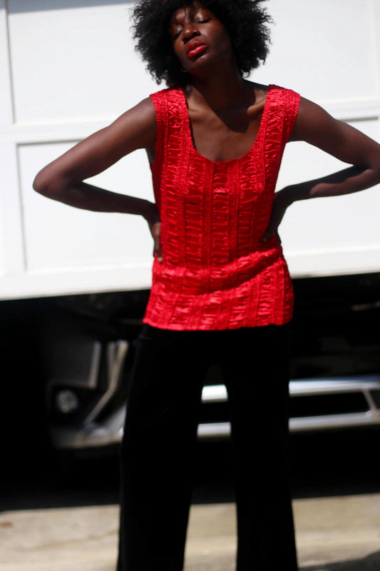 y2k Metallic Party Top| Vintage Sleeveless Red Textured Festive Shirt| Women's After-dark Glamorous Shirt
