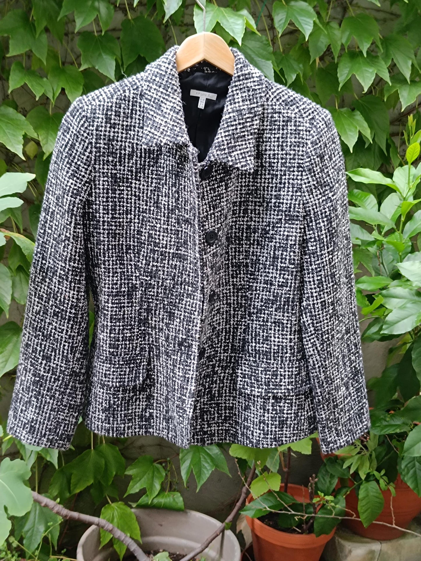 Vintage Textured Tweed Blazer Black White Bouclé Jacket Collared Knit Coat Size 12