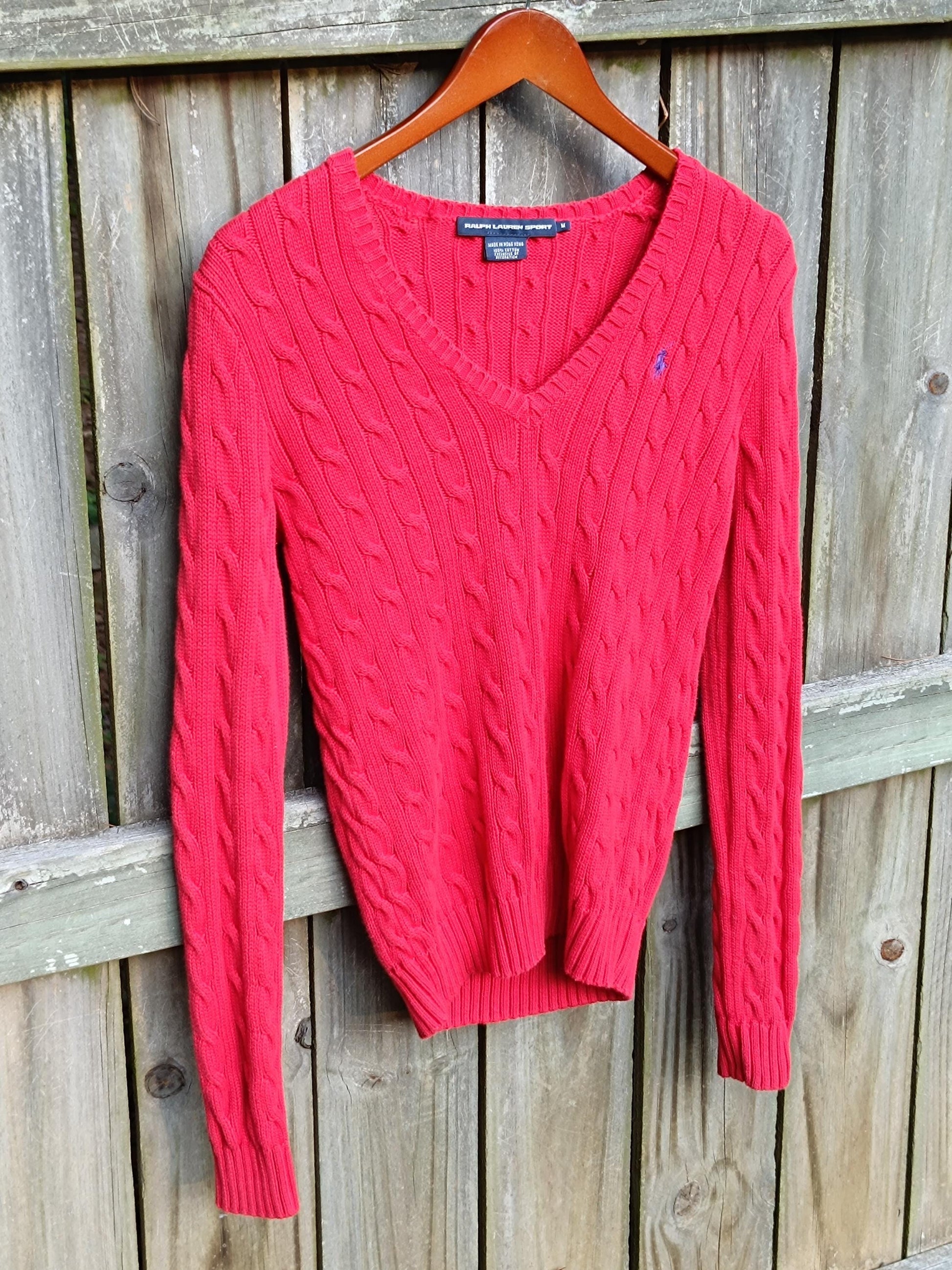 90s Ralph Lauren Sport V- neck Sweater| Women's Varsity Style Preppy Knit | Red Vintage Sweater