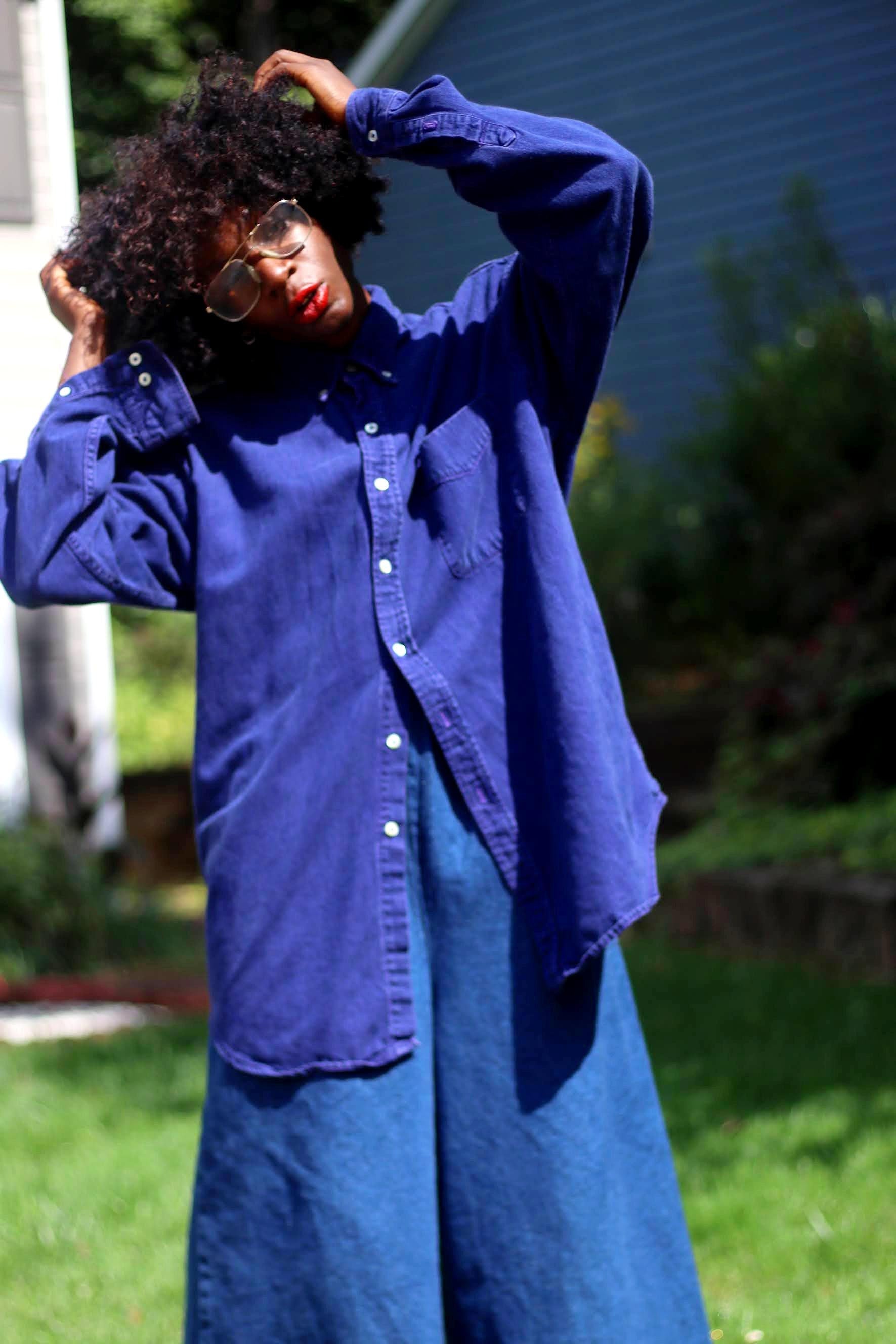 90s World Island Denim Shirt | Vintage Blue Buttoned down Unisex Shirt| Women's Classic Jeans Design