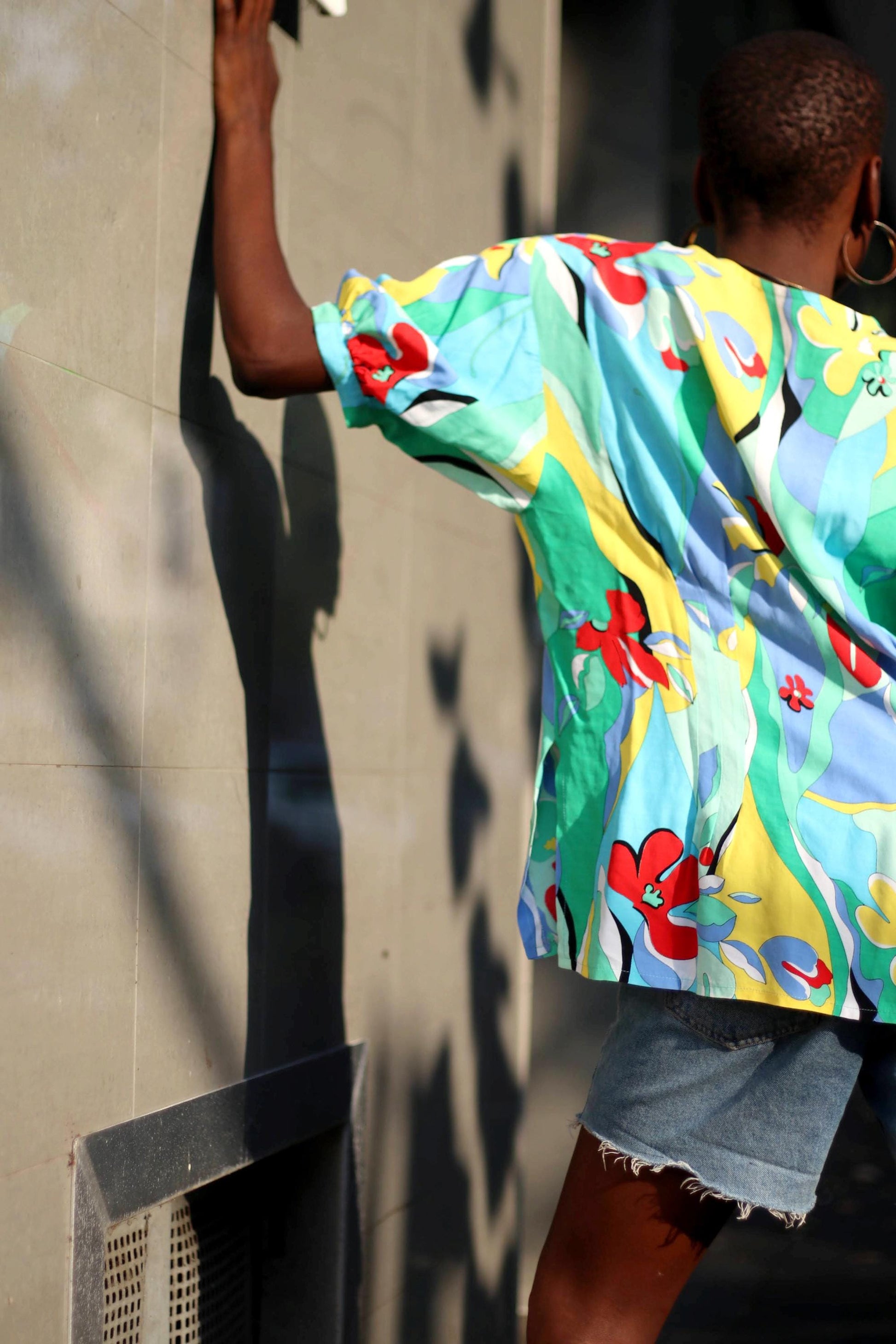80 Floral Print Blouse| Vintage Handmade Blue Blouse| Women's Maximalist Crazy Print Shirt