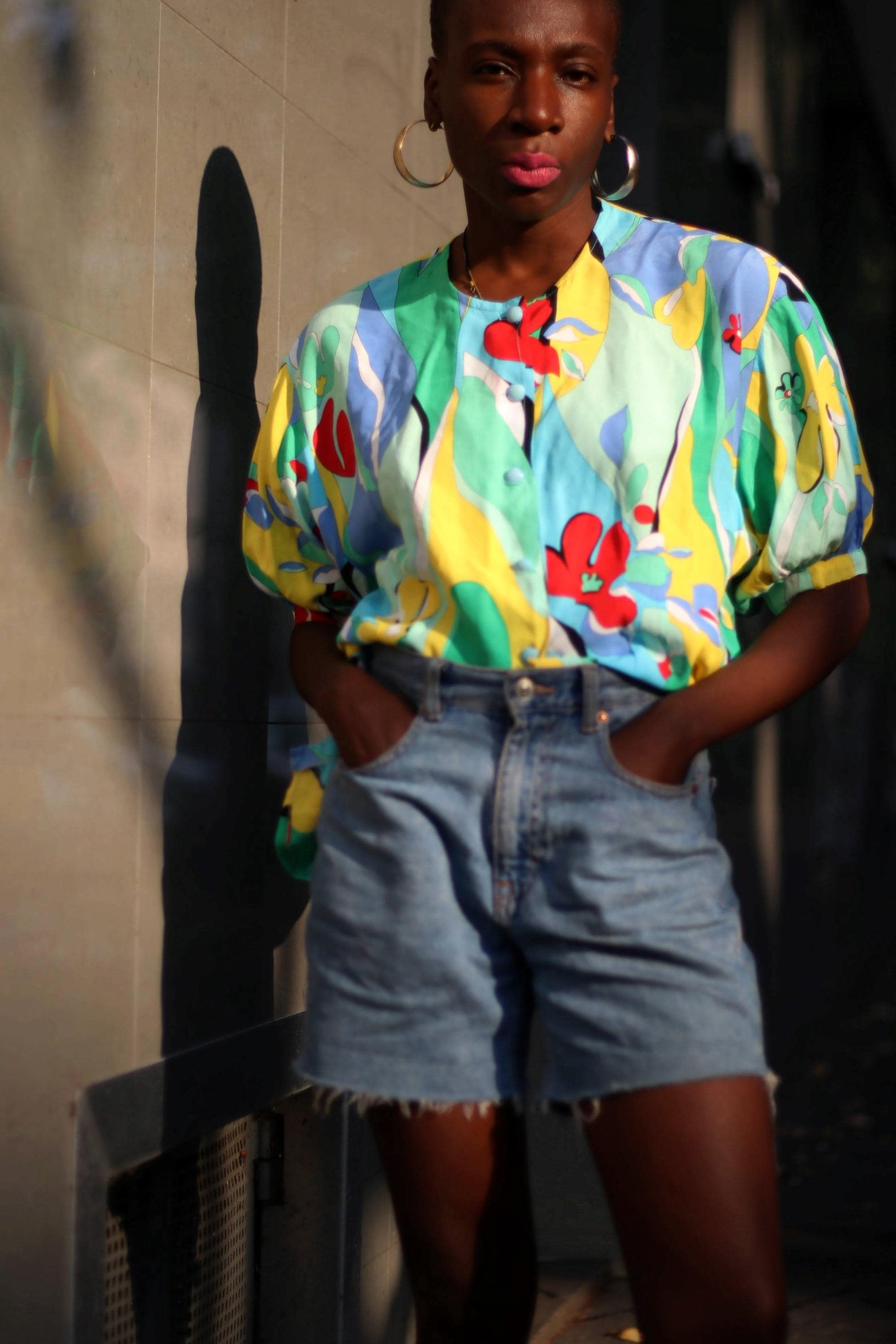 80 Floral Print Blouse| Vintage Handmade Blue Blouse| Women's Maximalist Crazy Print Shirt
