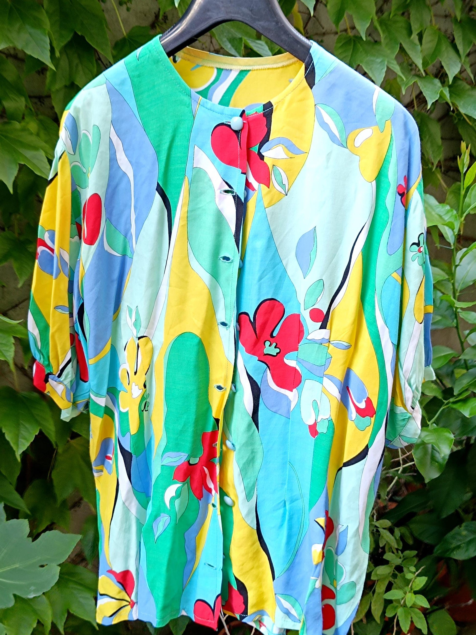 80 Floral Print Blouse| Vintage Handmade Blue Blouse| Women's Maximalist Crazy Print Shirt