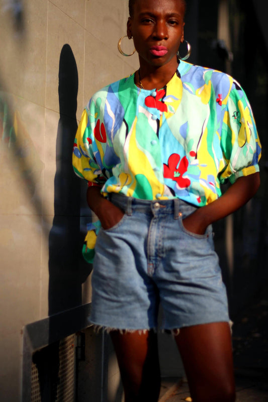 80 Floral Print Blouse| Vintage Handmade Blue Blouse| Women's Maximalist Crazy Print Shirt