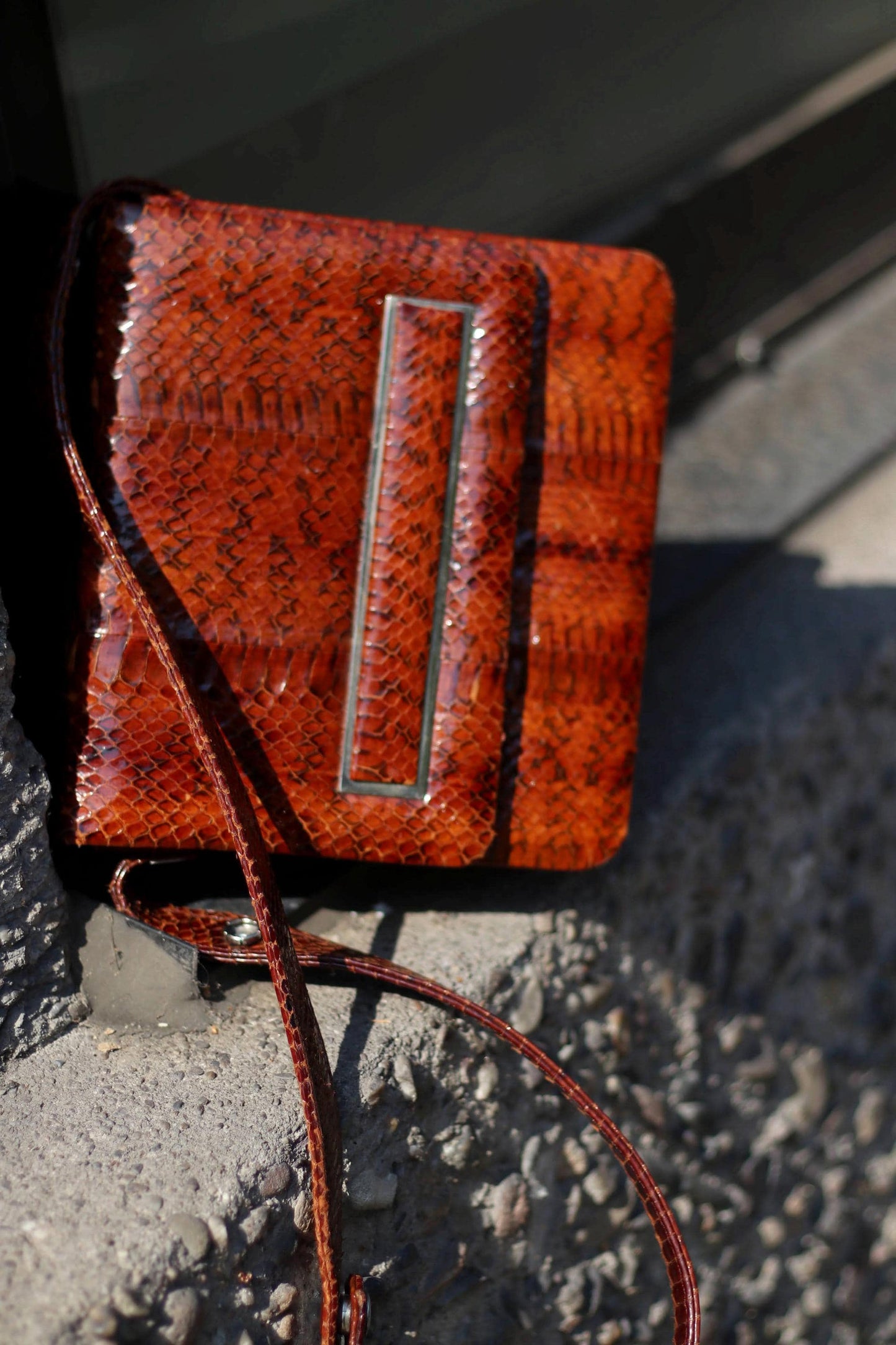 Faux Snakeskin Leather handbag| Vintage Brown Compact Shoulder bag | 70s Mini Leo Print Bag
