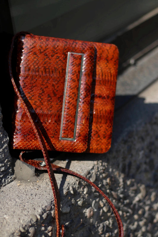 Faux Snakeskin Leather handbag| Vintage Brown Compact Shoulder bag | 70s Mini Leo Print Bag