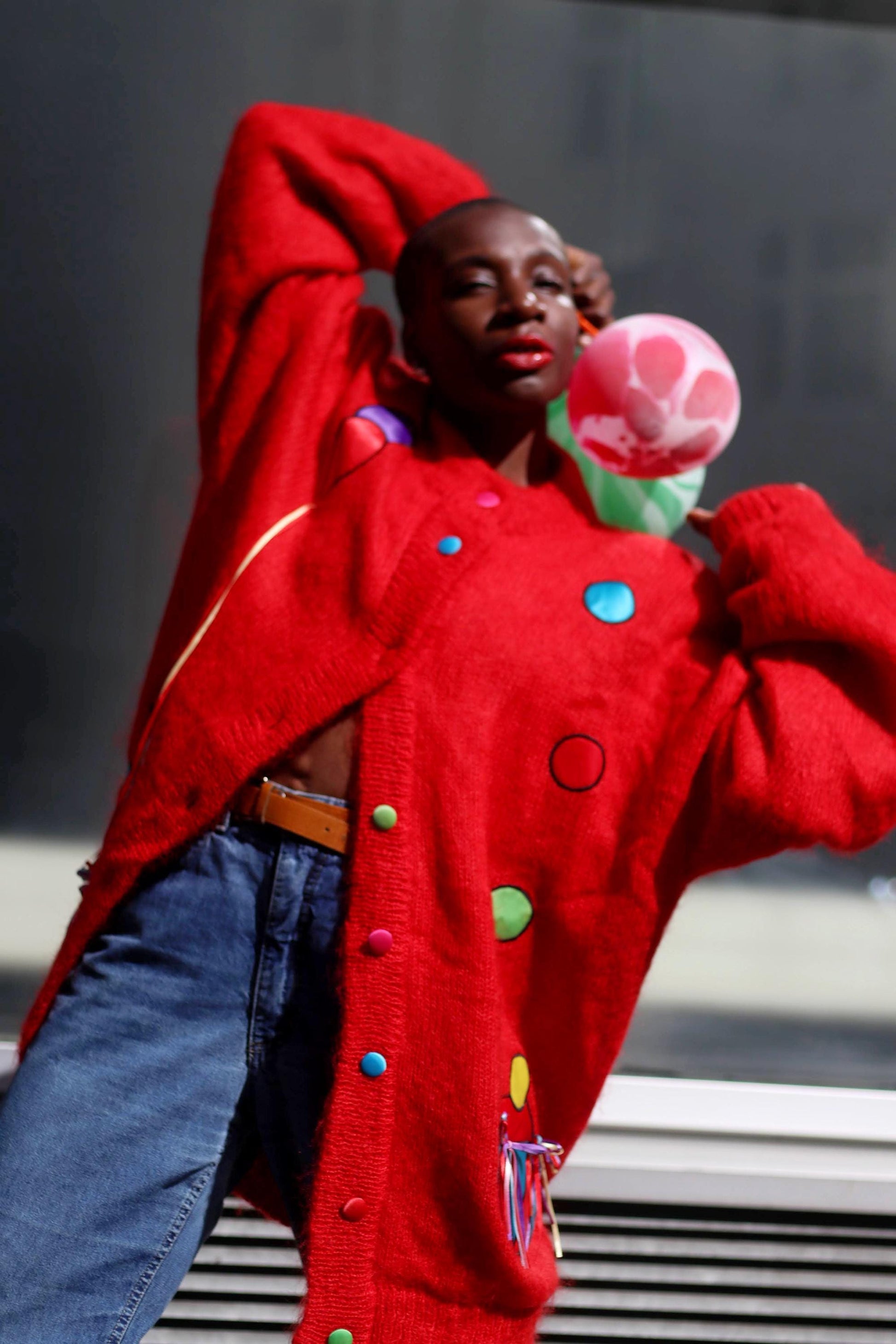 80s Clown Motif Cardigan| Vintage C&A Red Crazy print jumper| Ugly Christmas Jumper| Women's Maximalist Winter Sweater