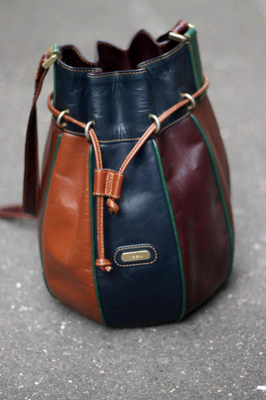 Vintage Yorn Bucket Bag | 70s Women's Striped Handbag in Black and Brown| Minimalist Drawstring Shoulderbag