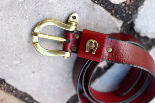 Etienne Aigner Leather Belt| 90s Red leather belt | Minimalist Designer Belt with statement Gild-Toned buckle