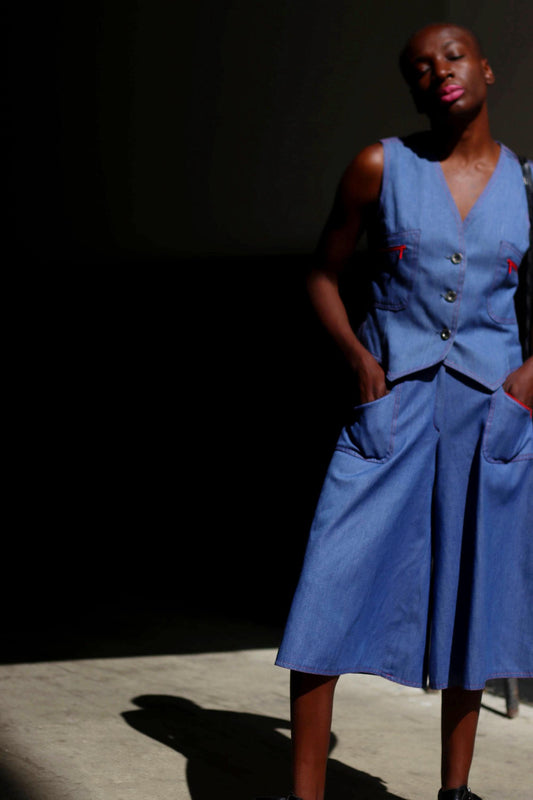 70s Blue Two Piece| Handmade Vest and Cullotes Set| Blue Minimalist Pant Suit