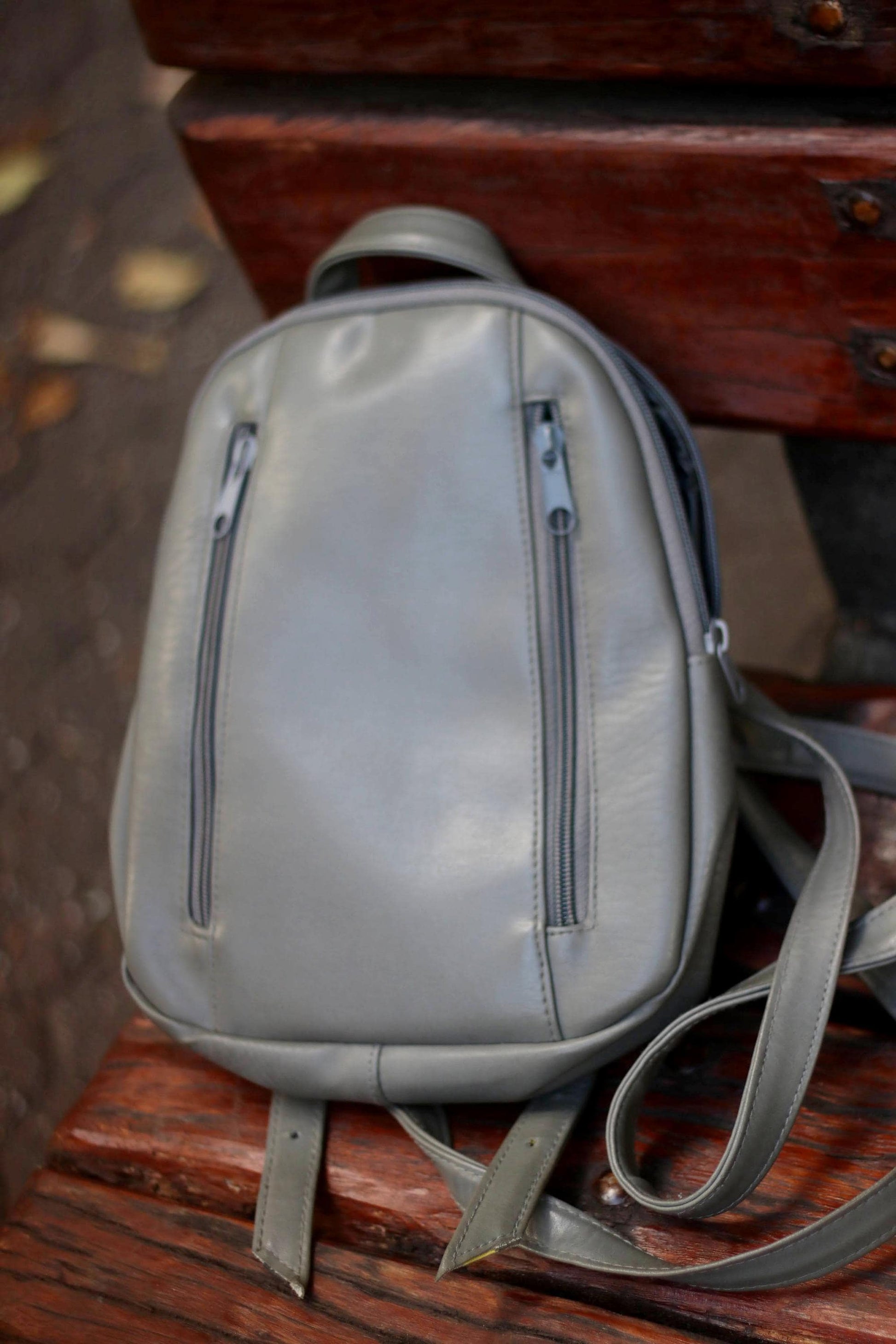 90s Grey Leather Backpack| Vintage Minimalist Street style Mini backpack