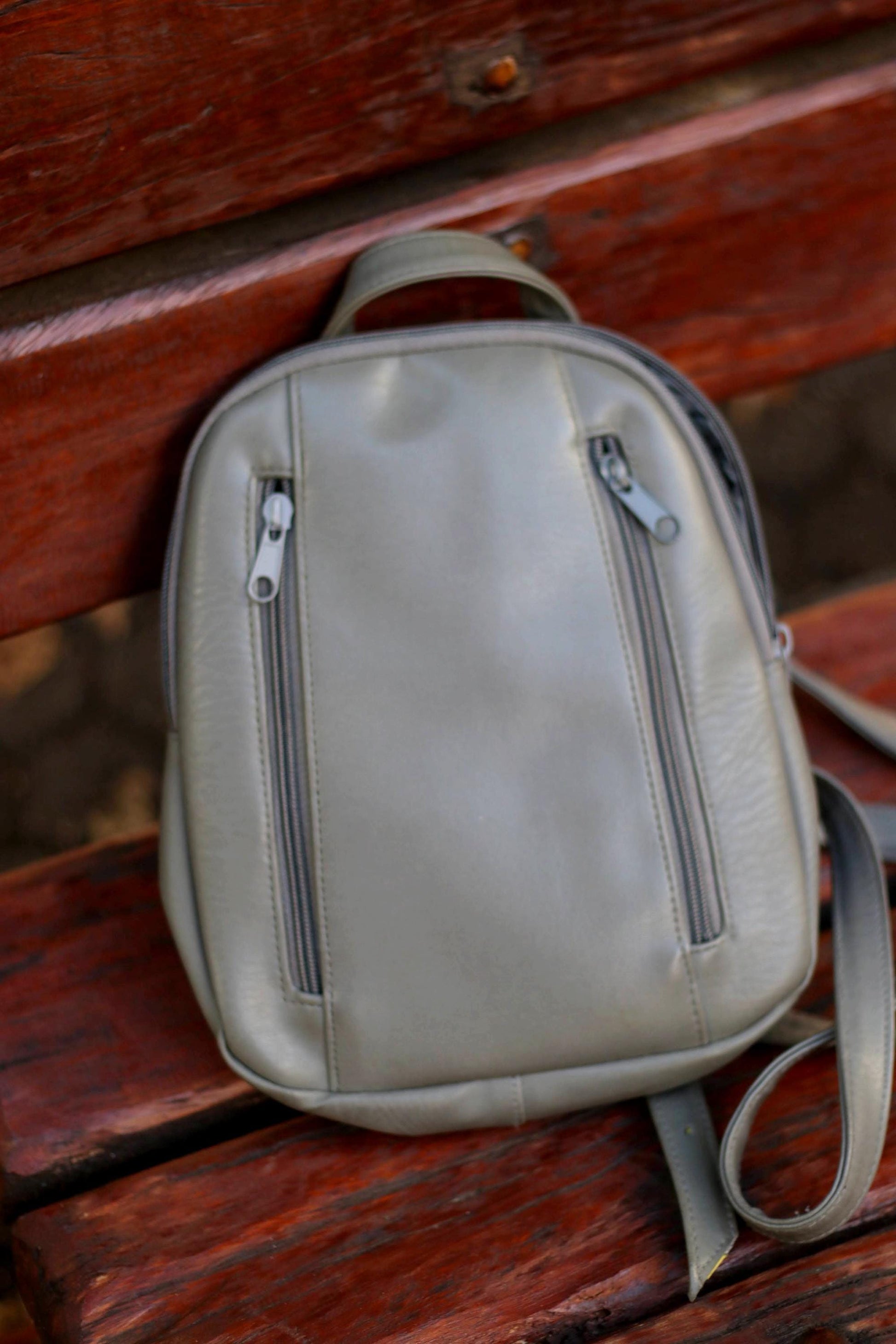 90s Grey Leather Backpack| Vintage Minimalist Street style Mini backpack