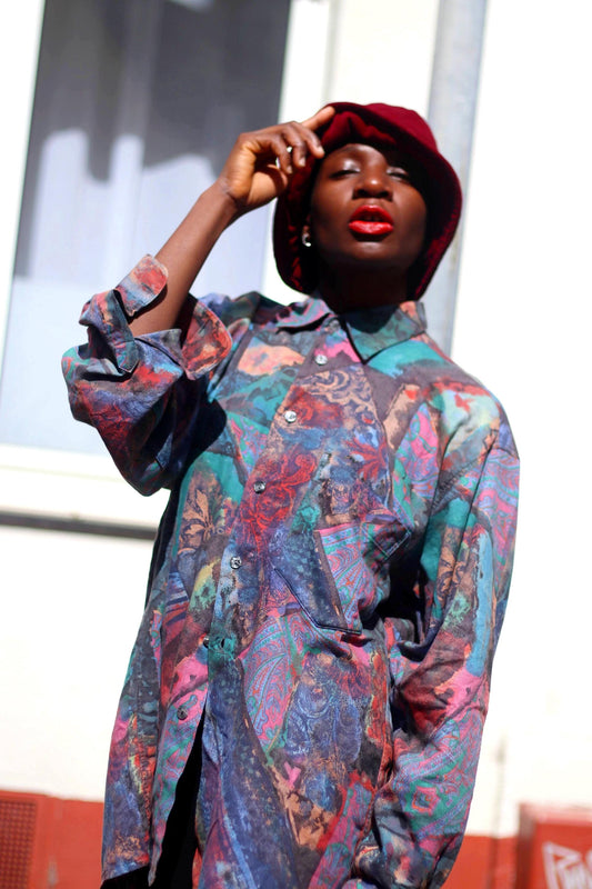 Vintage Crazy Print Shirt | Unisex Colorful Arty Blouse | Patchwork Print Men's Shirt