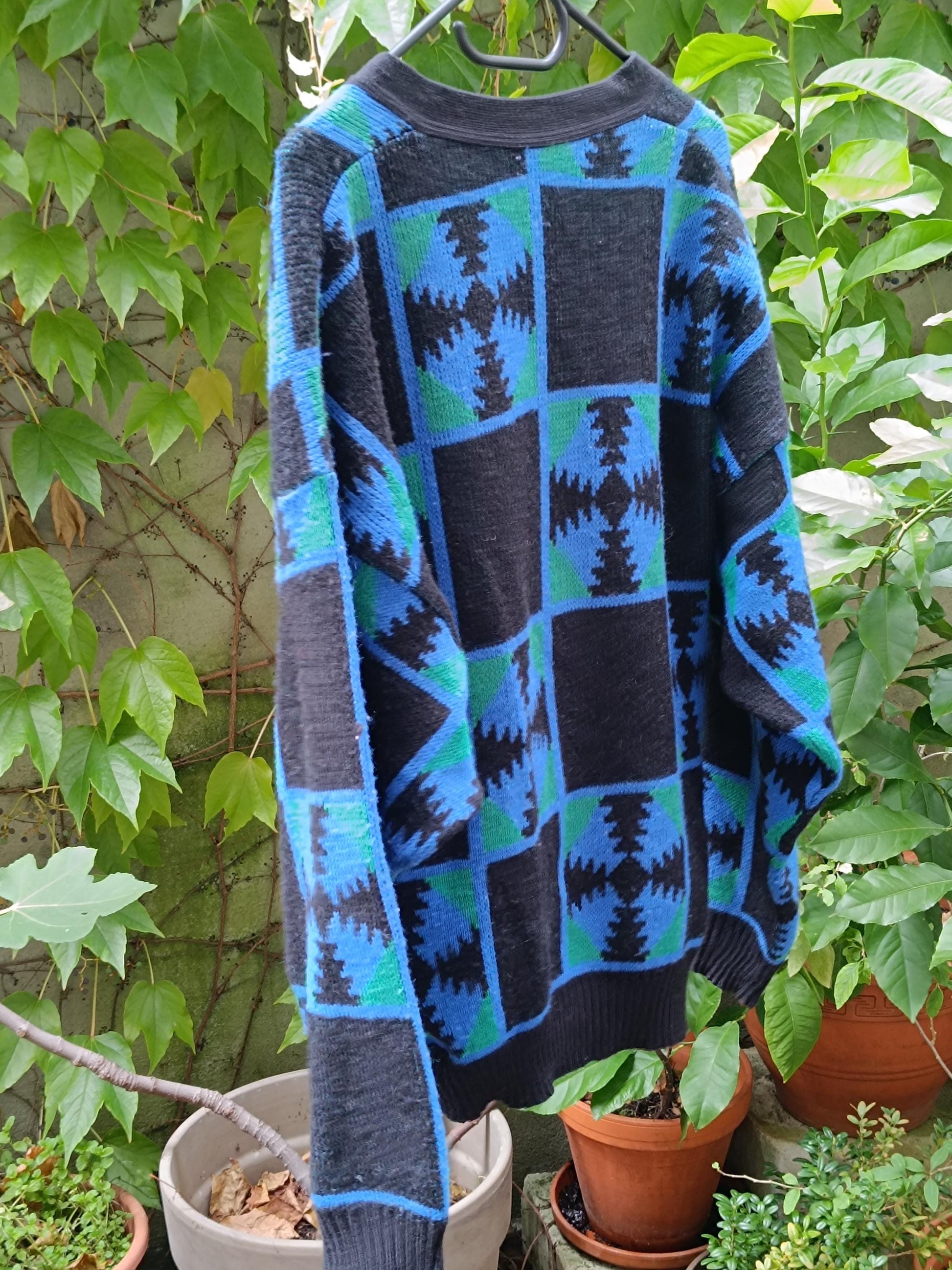 80s Granddad Cardigan| Vintage Ackerman Unisex Blue and Black| Crazy Print Long sleeved Sweater|