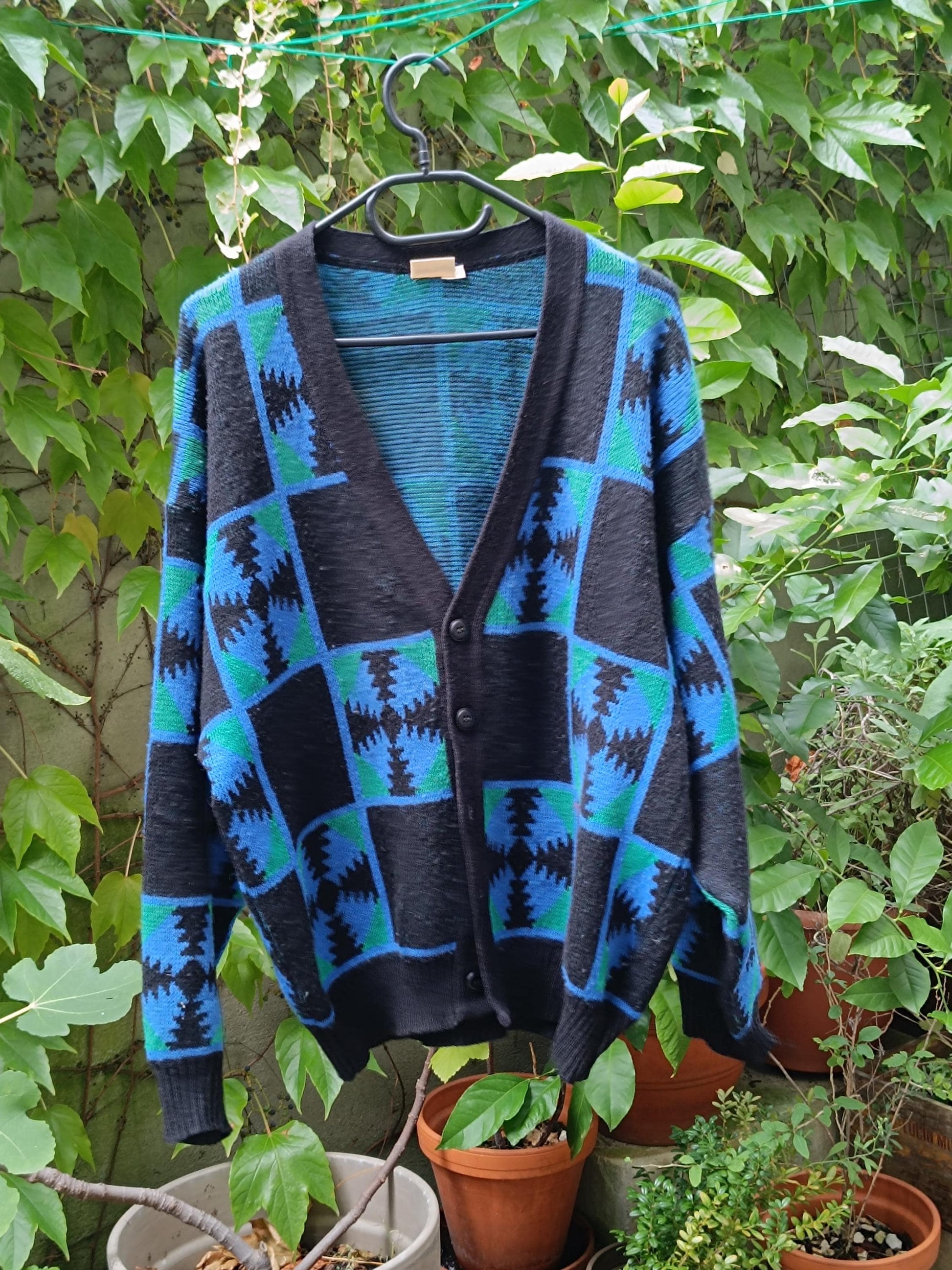 80s Granddad Cardigan| Vintage Ackerman Unisex Blue and Black| Crazy Print Long sleeved Sweater|