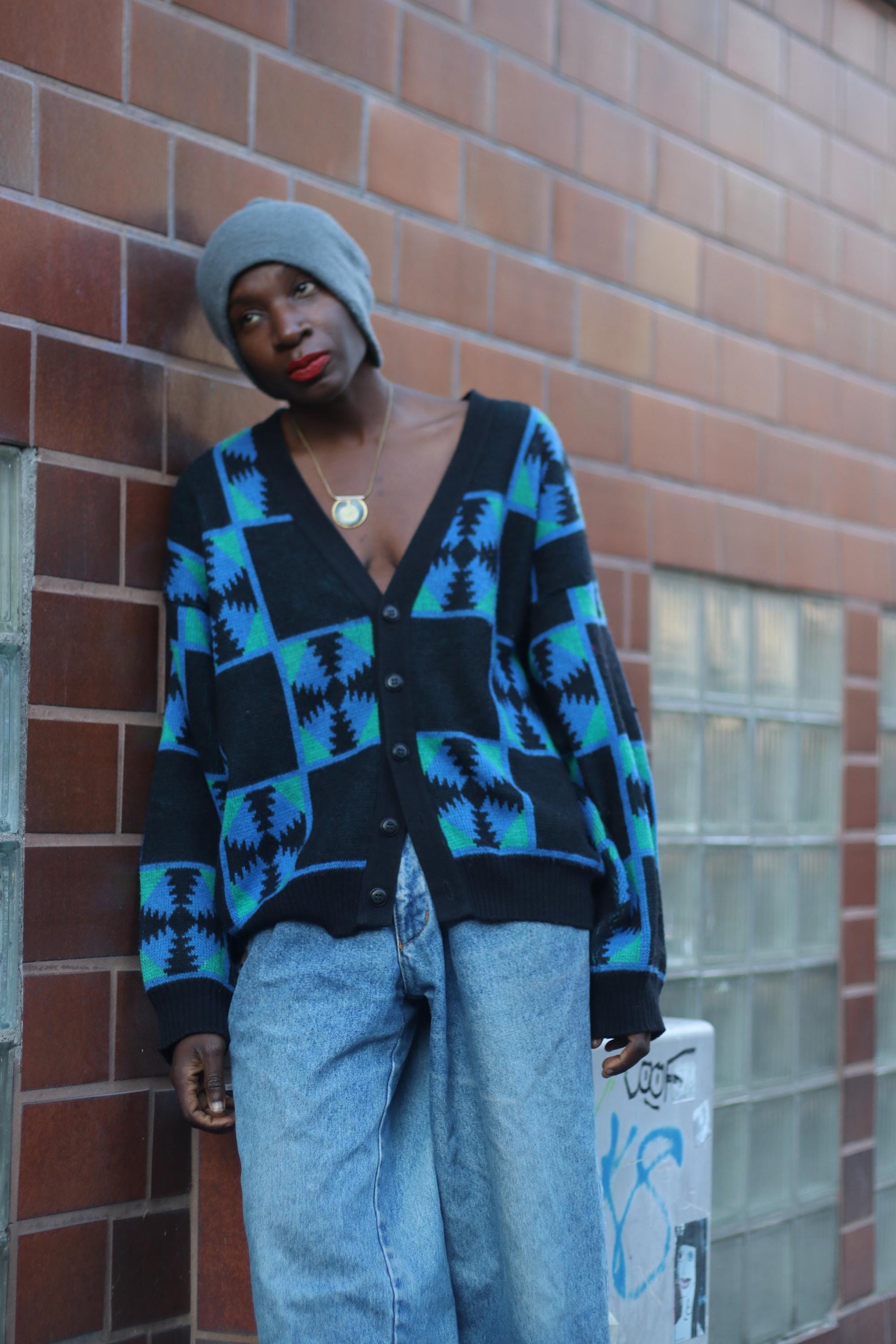 80s Granddad Cardigan| Vintage Ackerman Unisex Blue and Black| Crazy Print Long sleeved Sweater|