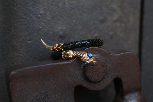 80s Kitchsy Snake Motif Bracelet| Vintage Black and Gold-Toned Bracelet|