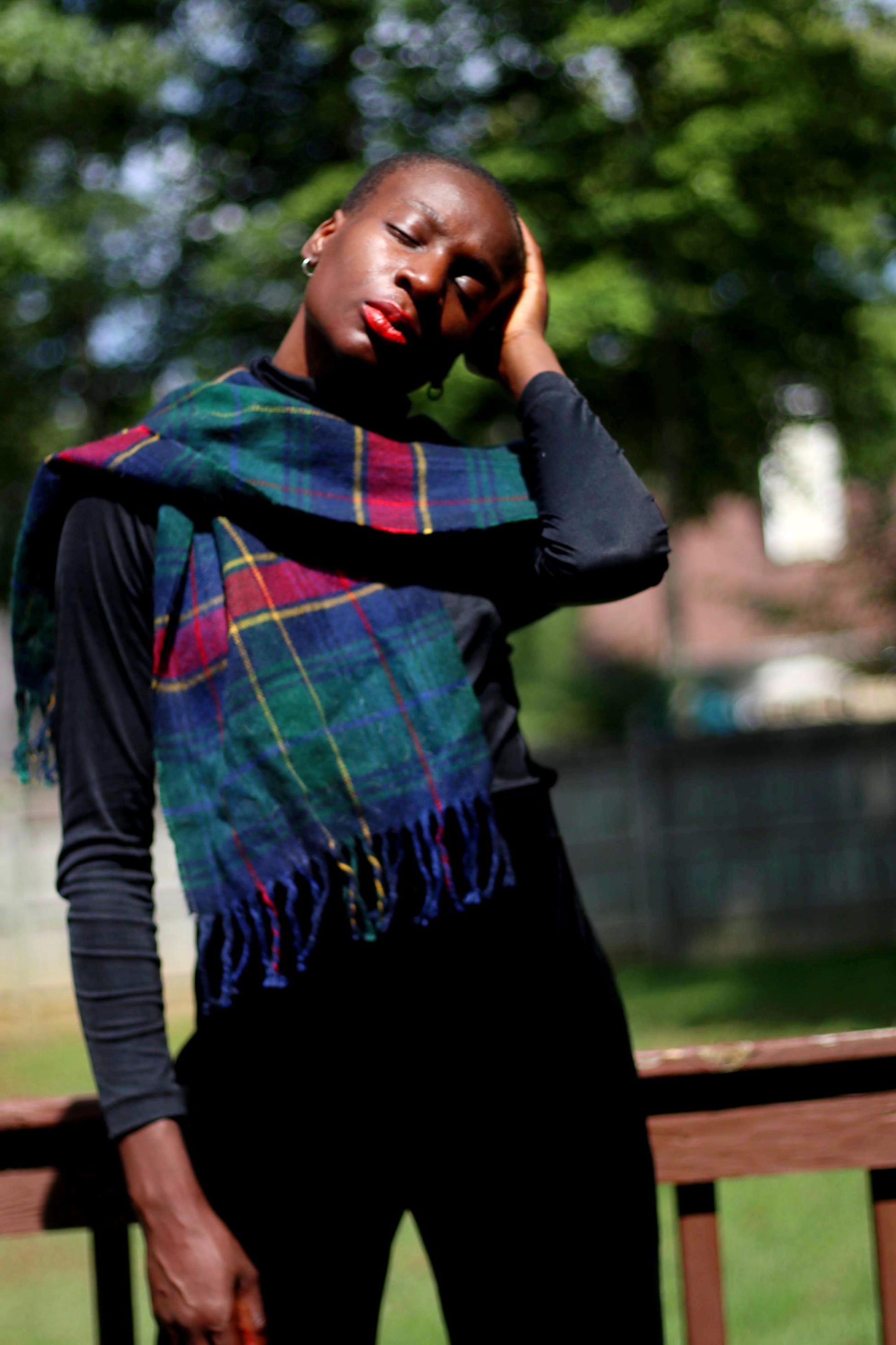 90s Plaid Scarf| Vintage Classic Checkered Green, Red and Yellow Unisex Scarf|