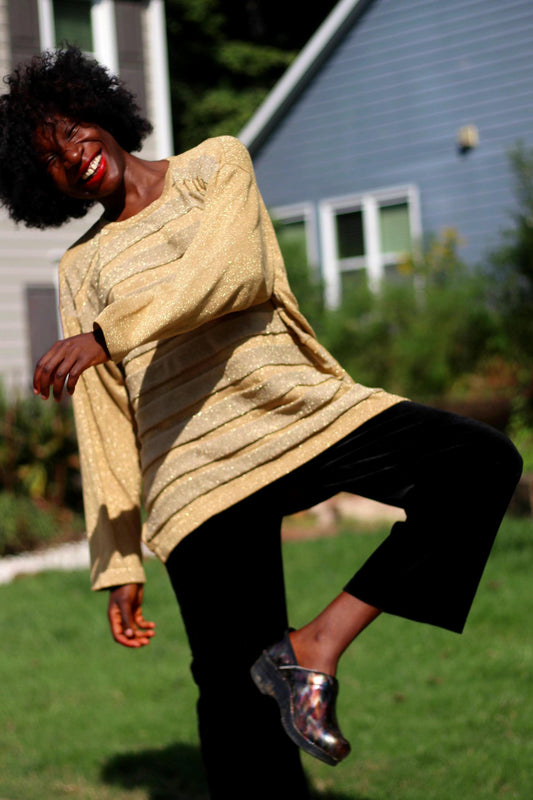 80s Jon Lawrence Party Top| Vintage Metallic Festive Blouse| Gold-Tone Shimmery Women's Festive Crew neck