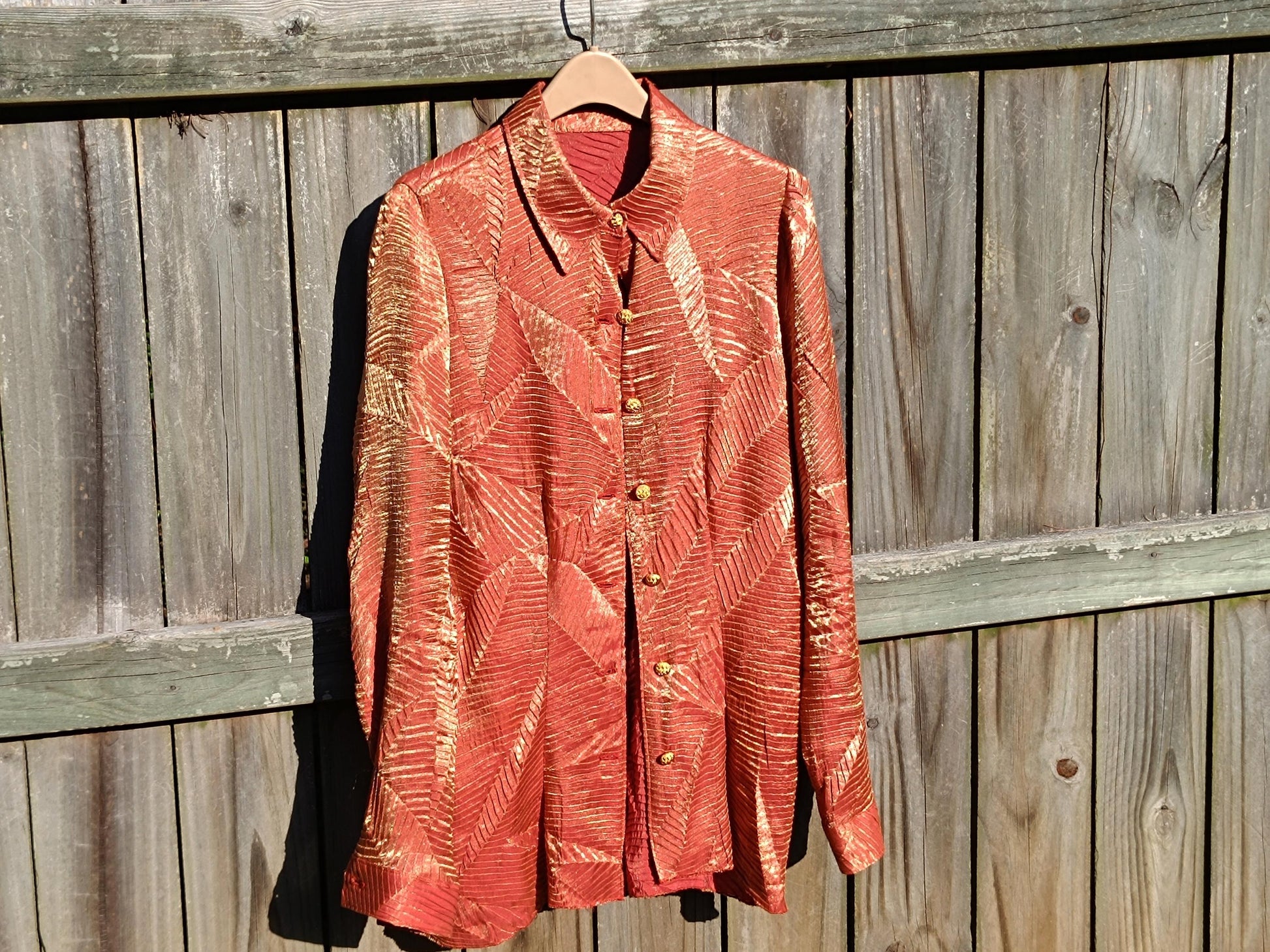 y2k Metallic Party Blouse| Vintage Long-sleeved Bronze Textured Shirt