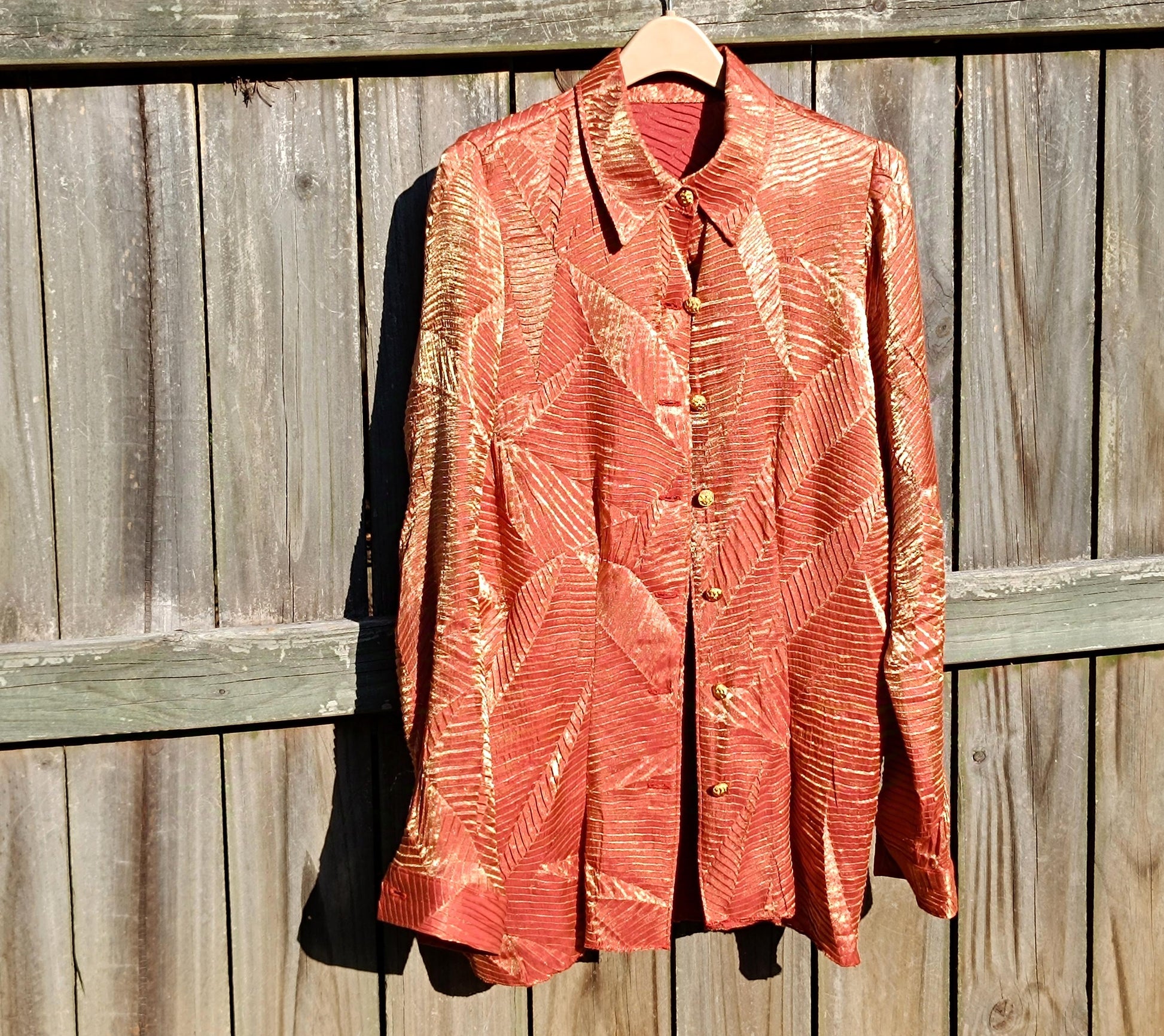 y2k Metallic Party Blouse| Vintage Long-sleeved Bronze Textured Shirt