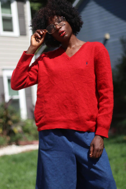 90s Polo by Ralph Lauren Sweater| Women's Varsity Preppy Red Knit | Long-Sleeved Vintage Sweater
