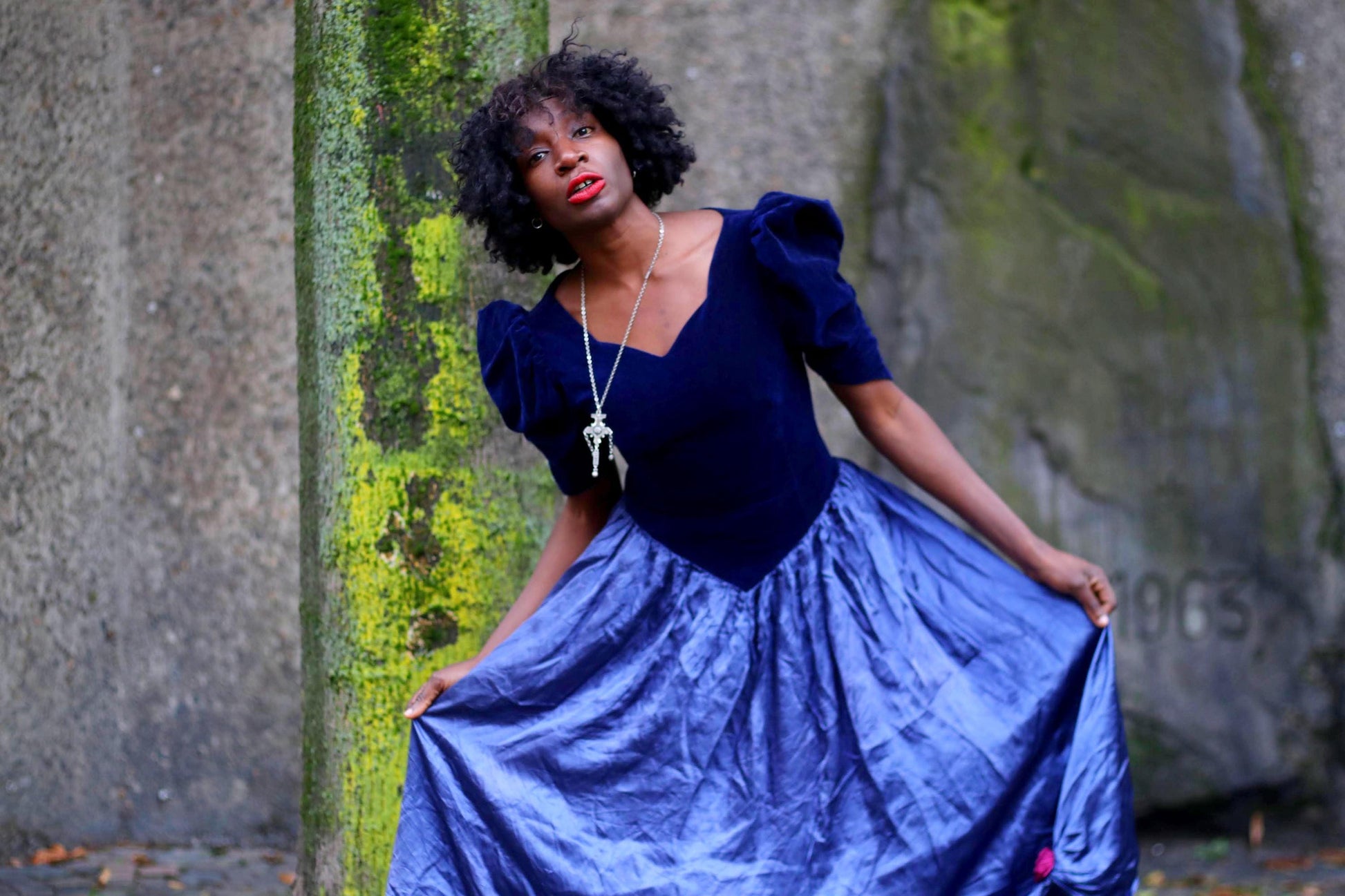 80s Gothic Dress| Vintage Tonal Blue Dress with Floral Details| Opulent Maxi Evening Prom Dress