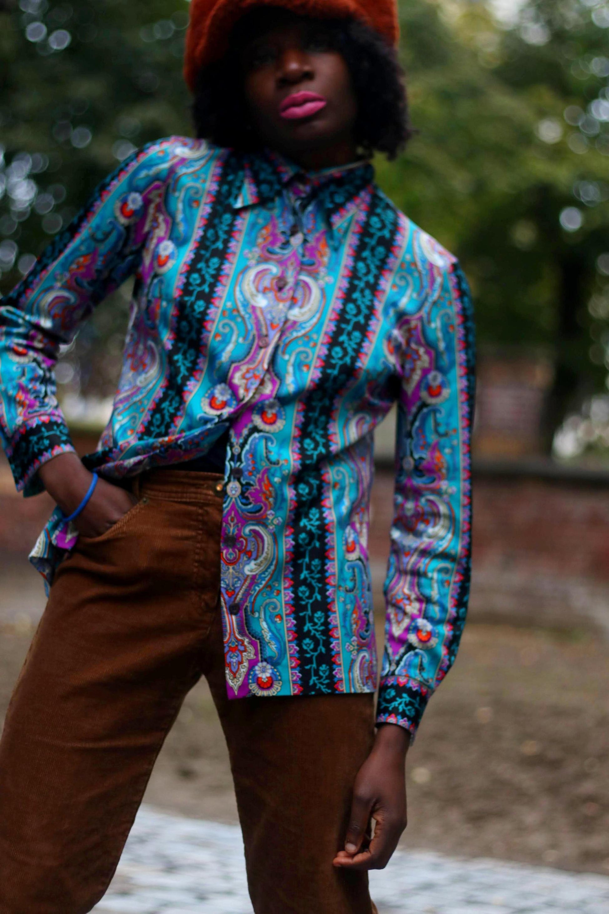 Vintage Crazy Print Blouse | Women's 70s Maximalist Floral Print Long-sleeved Shirt in Blue and Red
