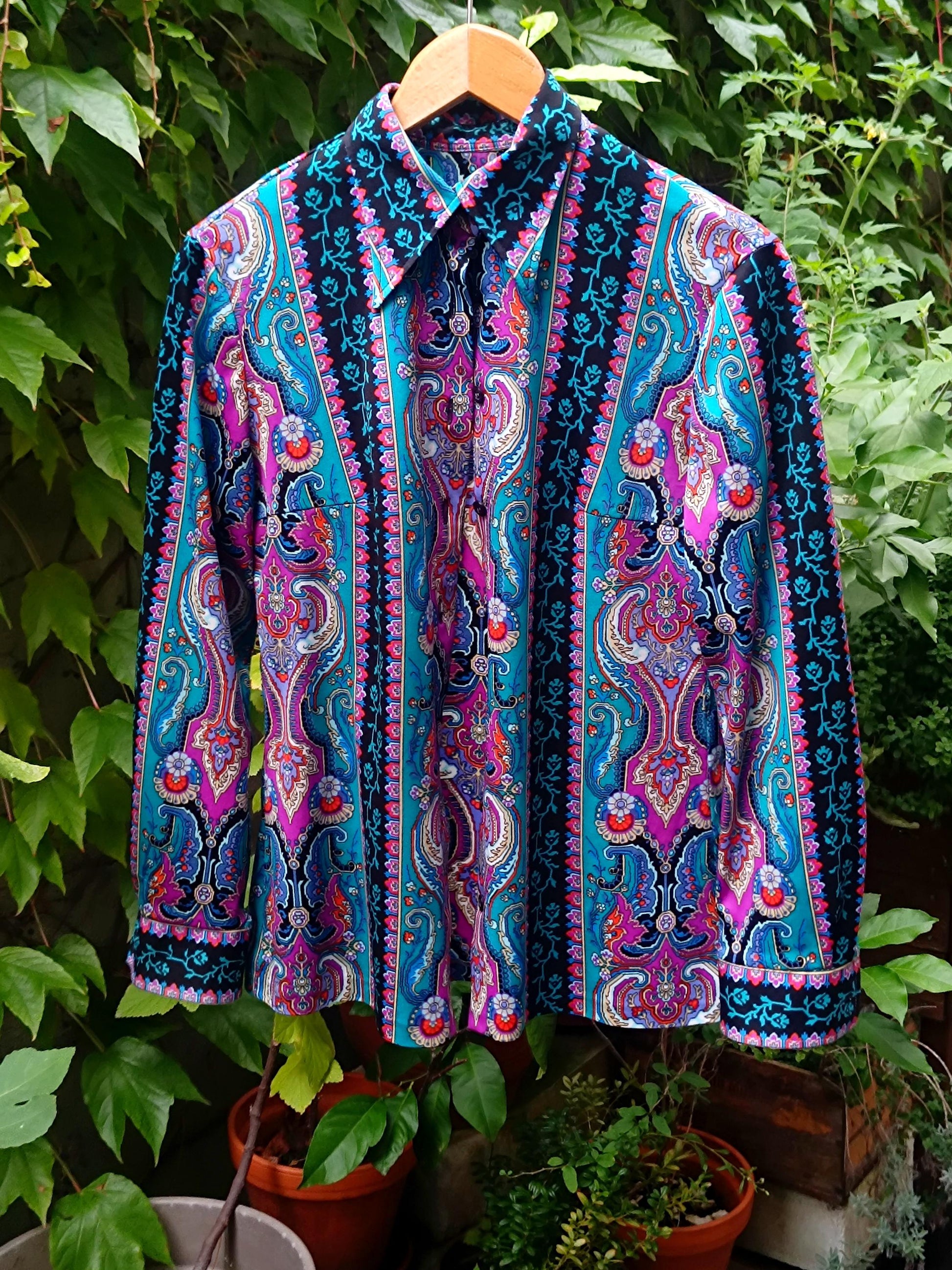 Vintage Crazy Print Blouse | Women's 70s Maximalist Floral Print Long-sleeved Shirt in Blue and Red