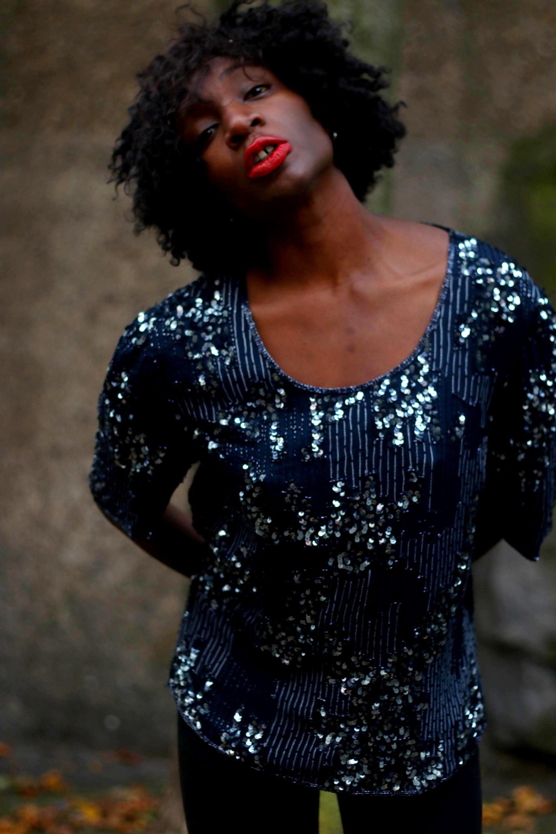 80s Sequinned Top| Vintage Women's Black Sequinned Oversized Short Sleeved Silk Party Top