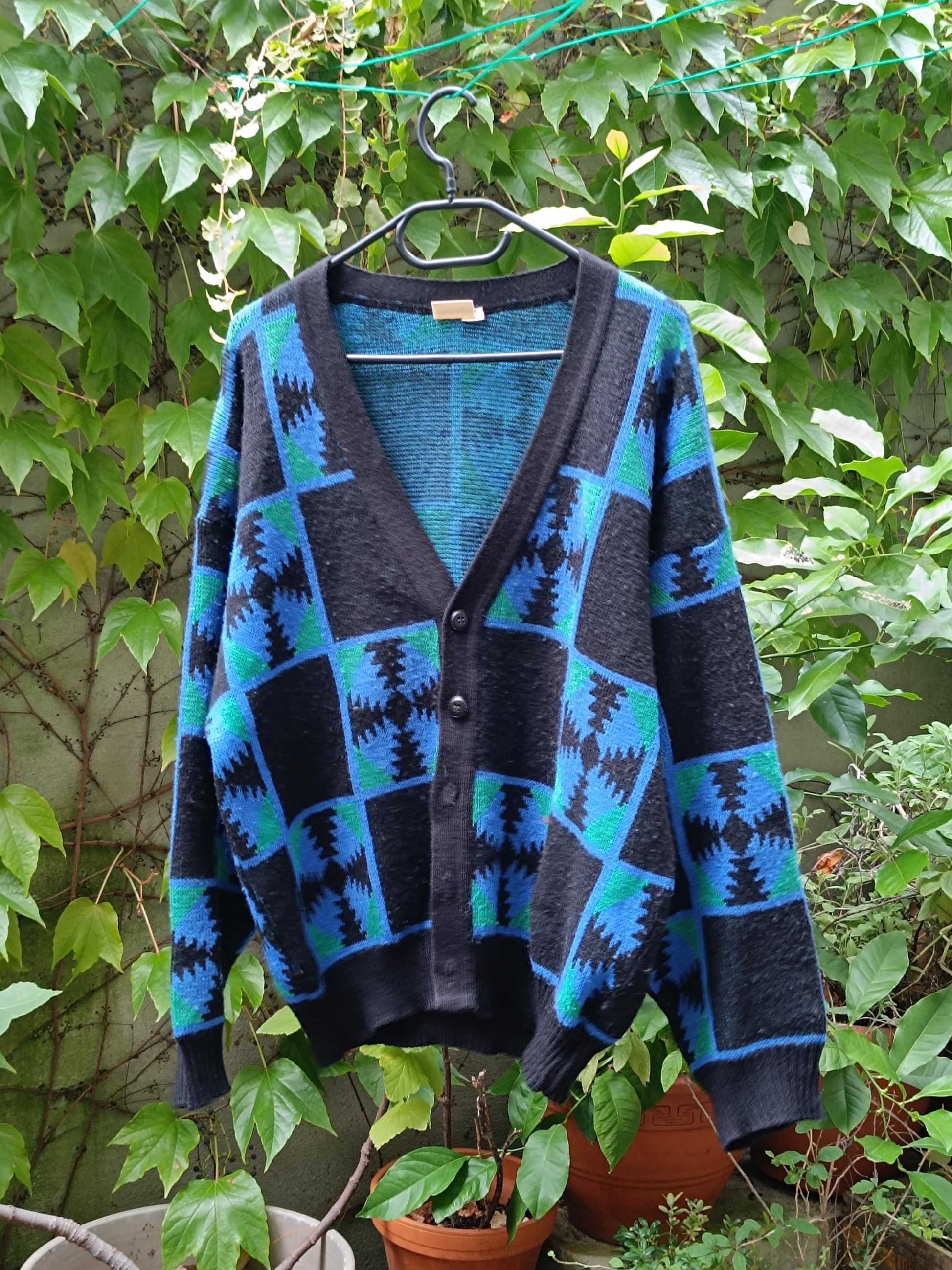 80s Granddad Cardigan| Vintage Ackerman Unisex Blue and Black| Crazy Print Long sleeved Sweater|
