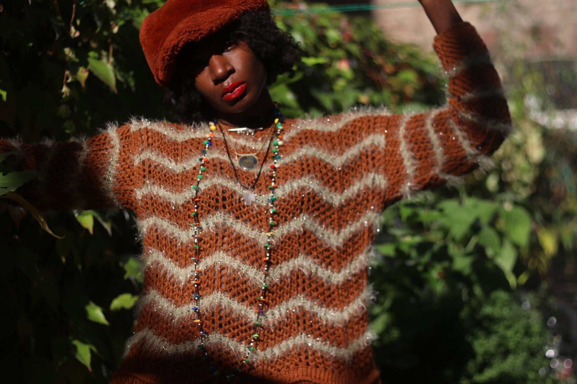 90s Fuzzy Chevron Sweater| Vintage Brown Boho Winter Knit| Long sleeved