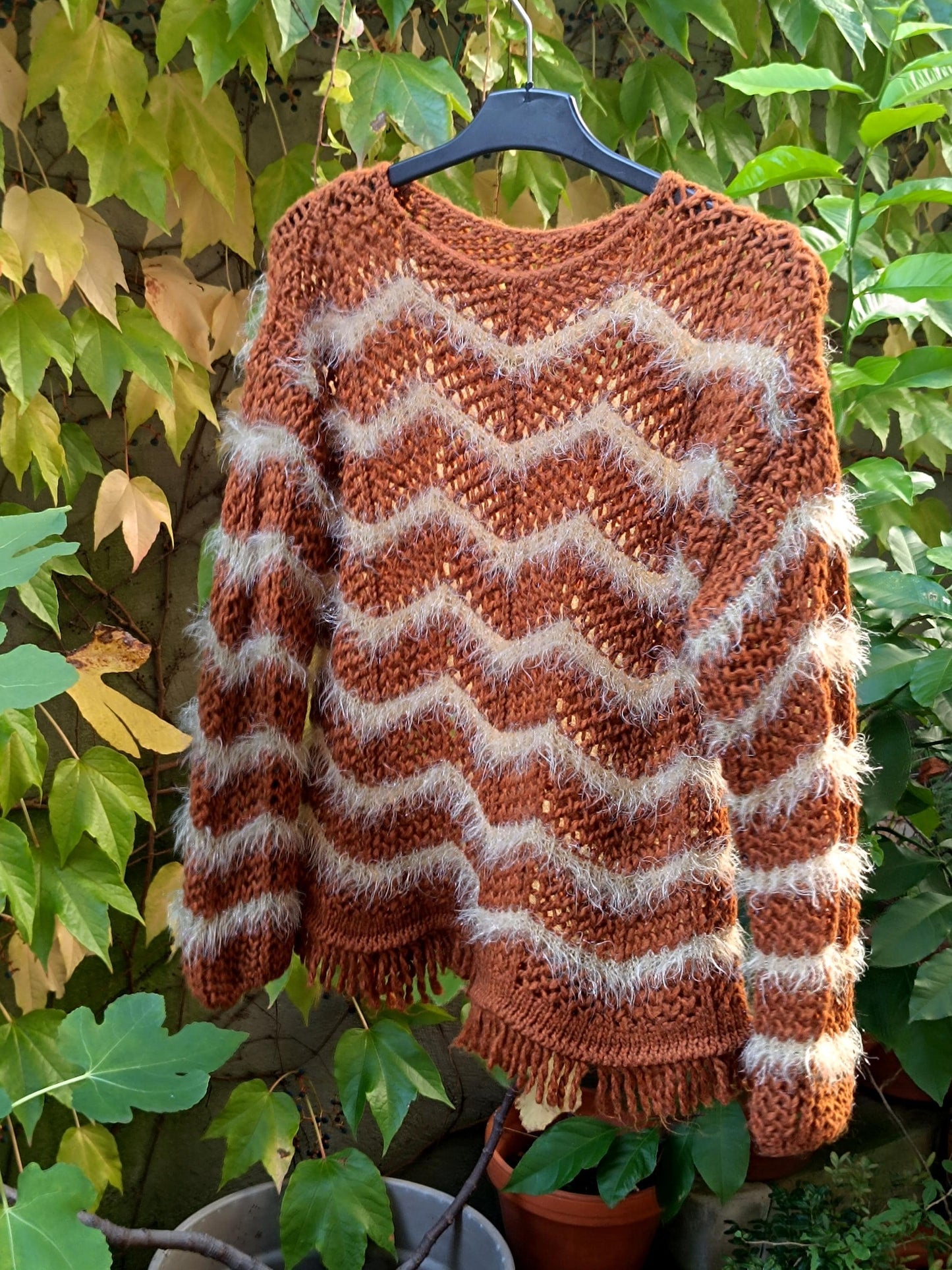 90s Fuzzy Chevron Sweater| Vintage Brown Boho Winter Knit| Long sleeved