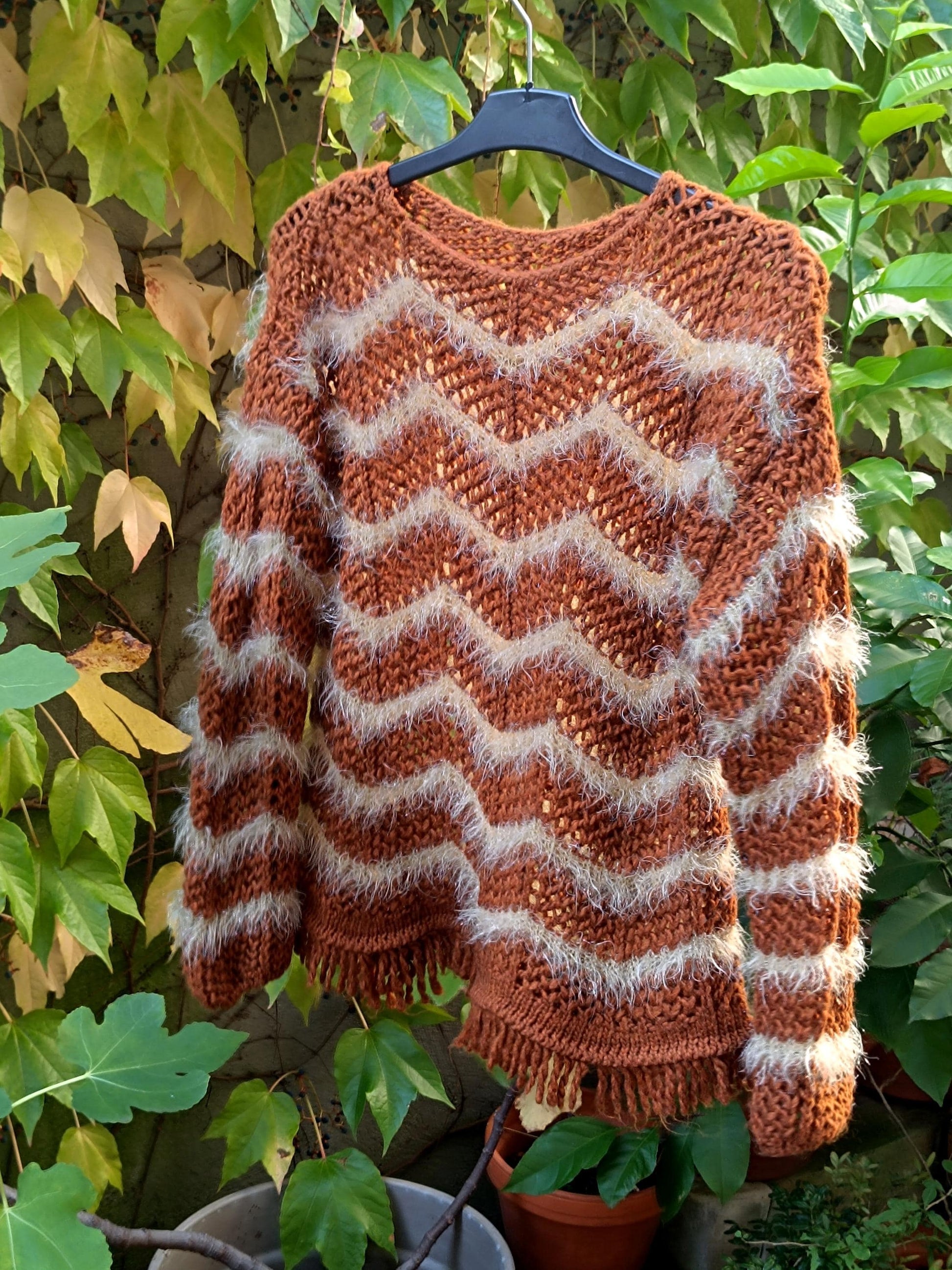 90s Fuzzy Chevron Sweater| Vintage Brown Boho Winter Knit| Long sleeved