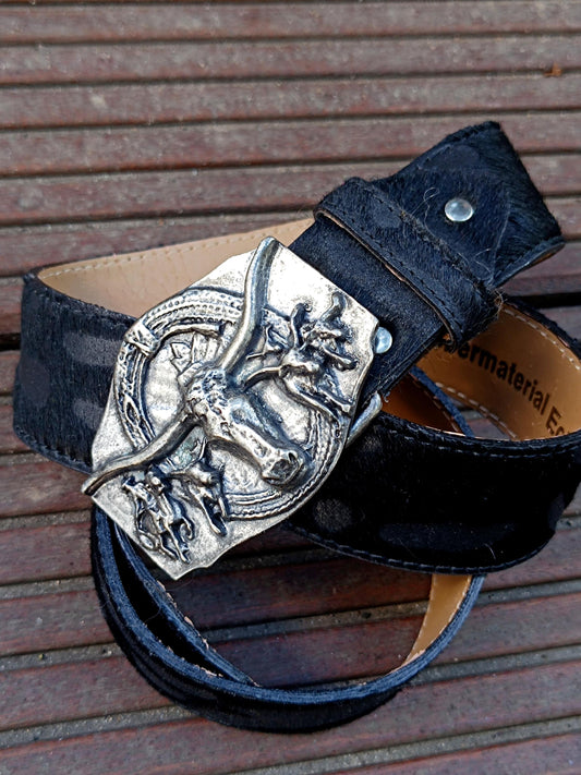 90s BricCino by B.B Fur Belt| Vintage Western Black Leather and Fur belt| Genuine Leather Cowboy Belt for Men| American Cowgirl Buckled