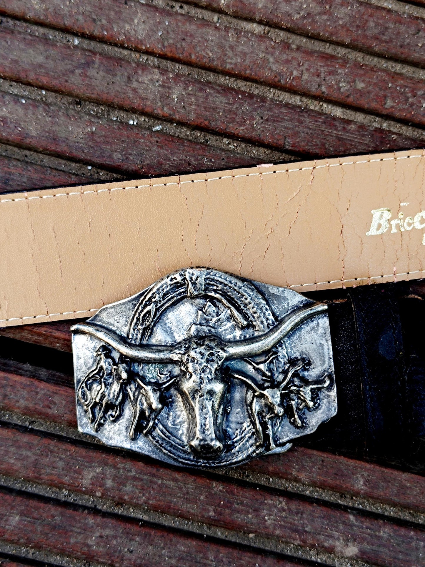 90s BricCino by B.B Fur Belt| Vintage Western Black Leather and Fur belt| Genuine Leather Cowboy Belt for Men| American Cowgirl Buckled