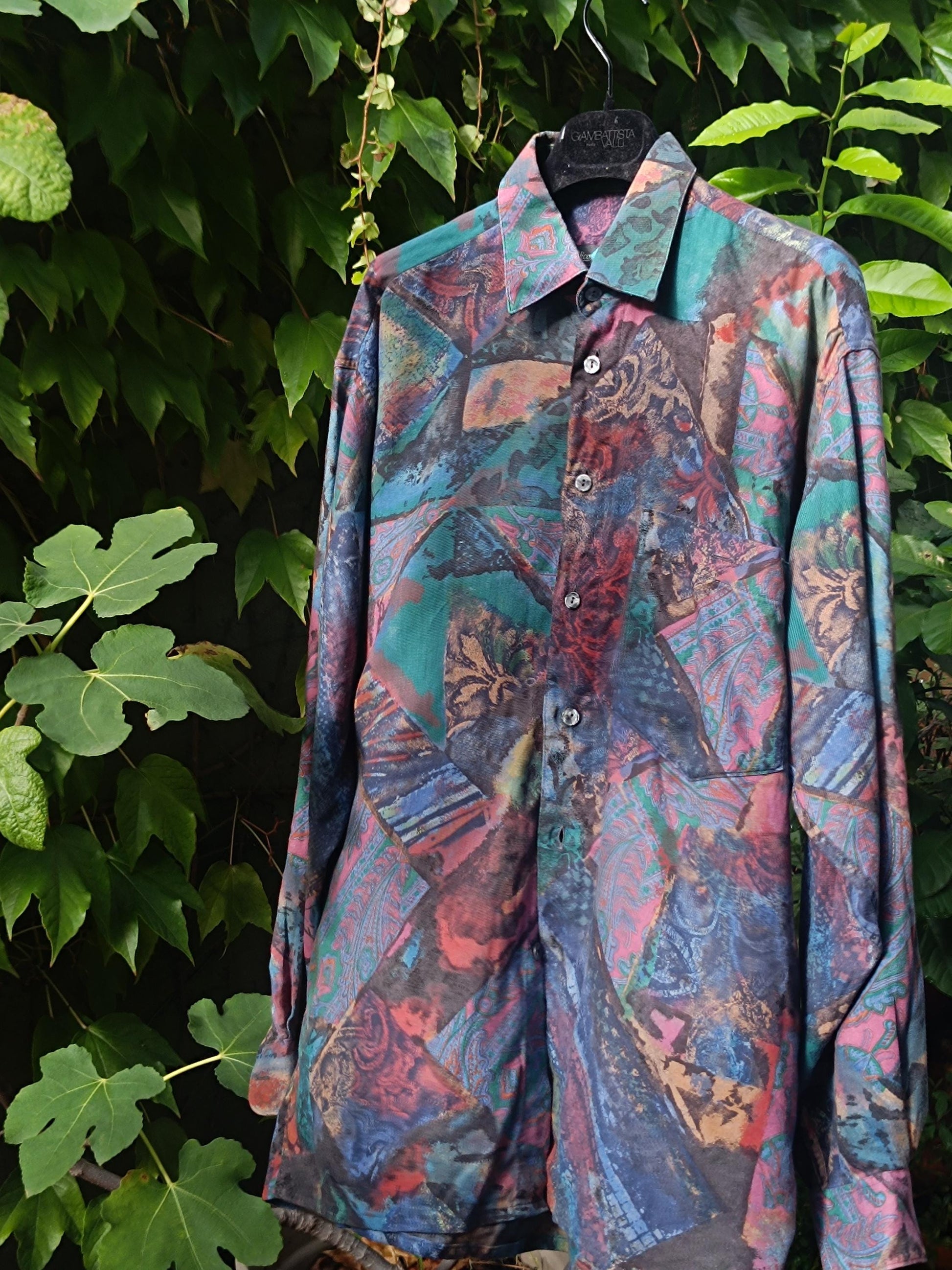 Vintage Crazy Print Shirt | Unisex Colorful Arty Blouse | Patchwork Print Men's Shirt
