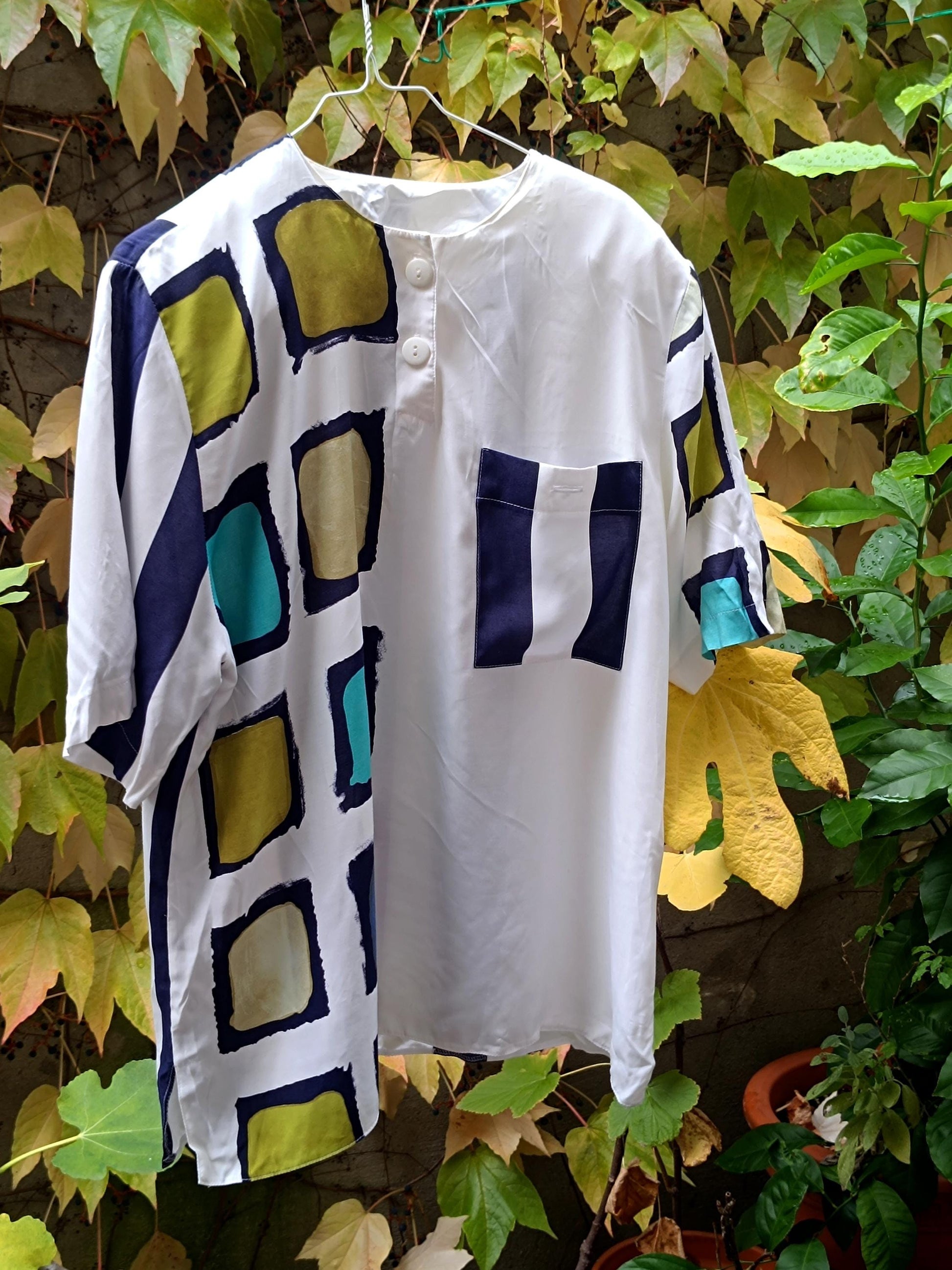 80s Geometric Print Blouse | Vintage Women's White blouse with Stripes and Square Prints