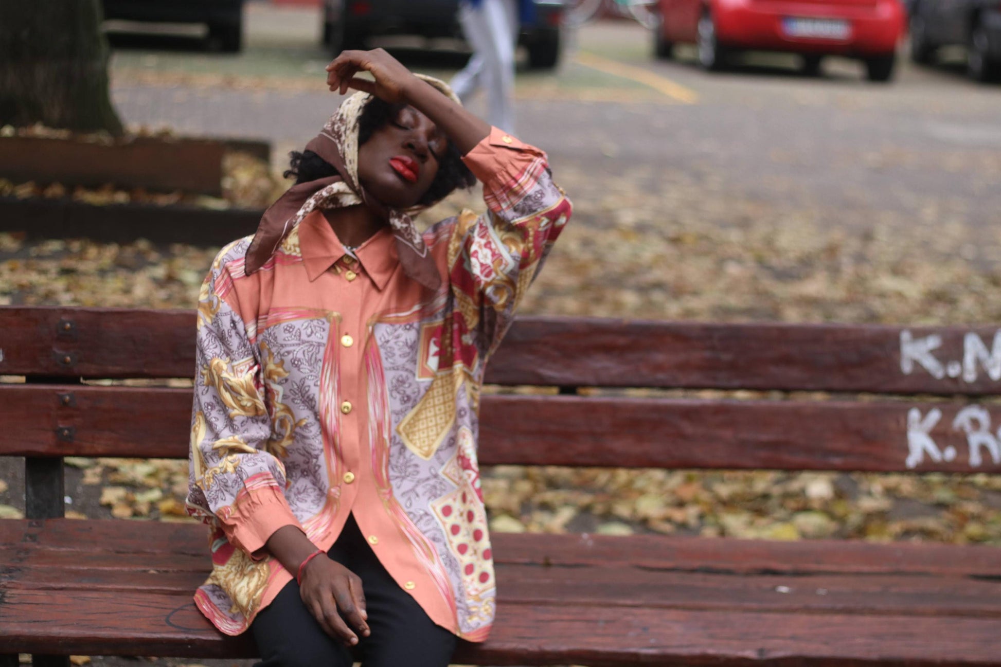 80s Crazy Print Blouse| Vintage Yessica Opulent Print Orange Buttoned Down Shirt | Women's Long Sleeved Shirt