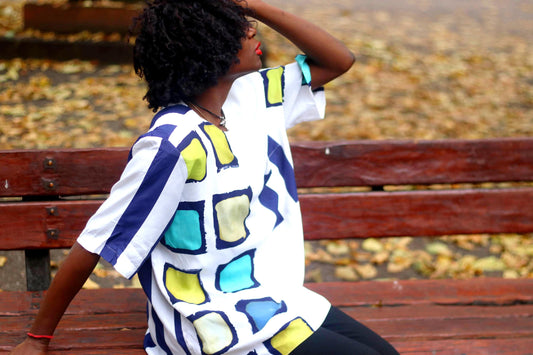 80s Geometric Print Blouse | Vintage Women's White blouse with Stripes and Square Prints