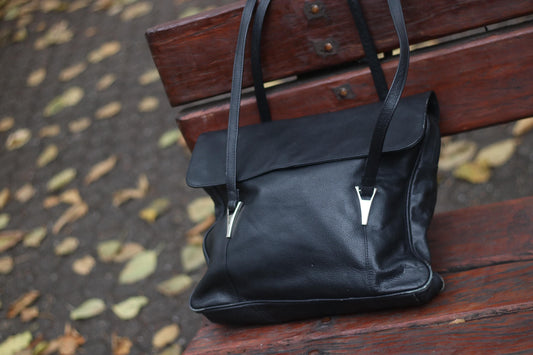 90s Abro Leather Bag | Vintage Black Genuine Leather Shoulderbag | Women's Minimalist Classic Tote