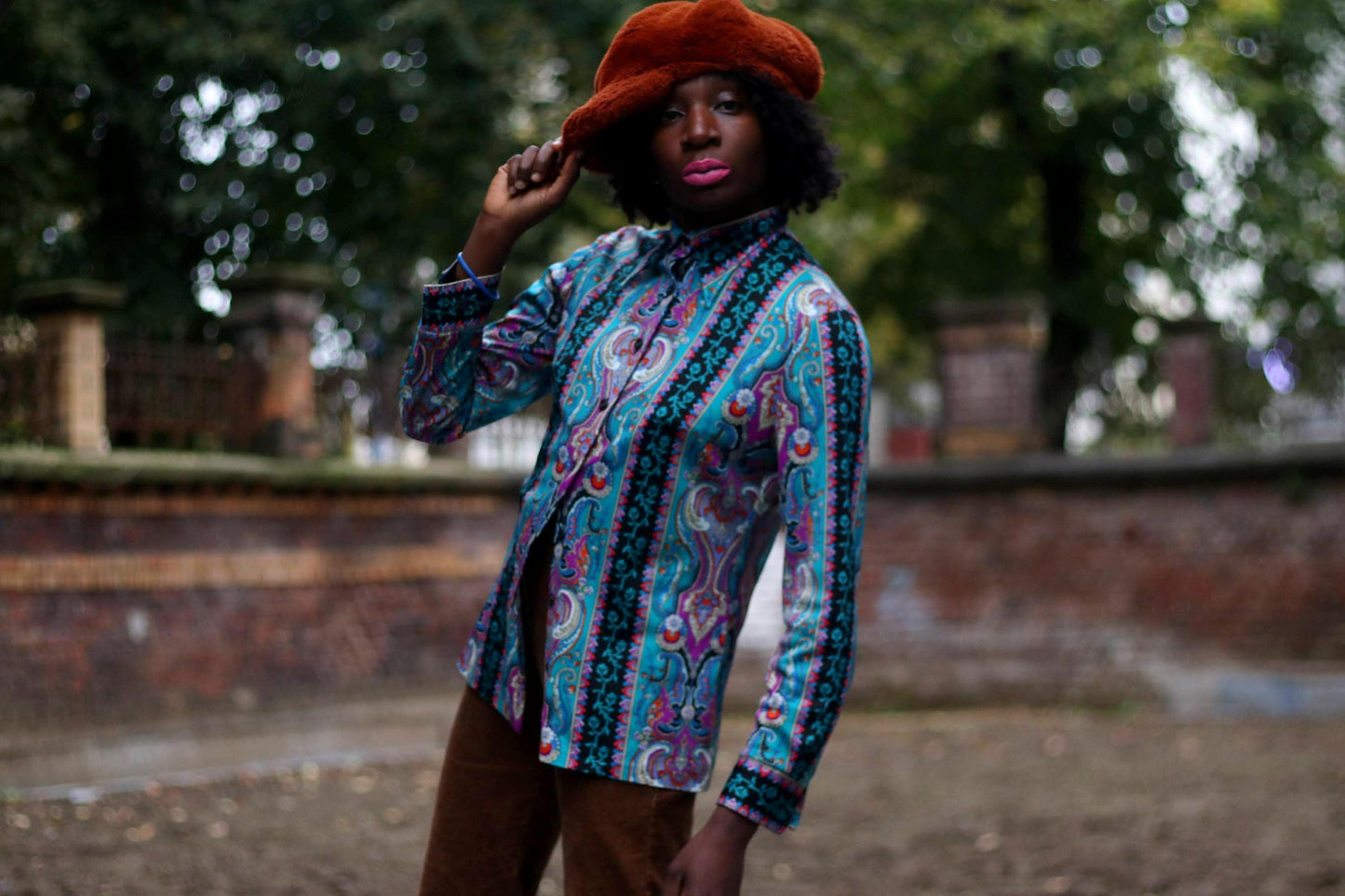 Vintage Crazy Print Blouse | Women's 70s Maximalist Floral Print Long-sleeved Shirt in Blue and Red