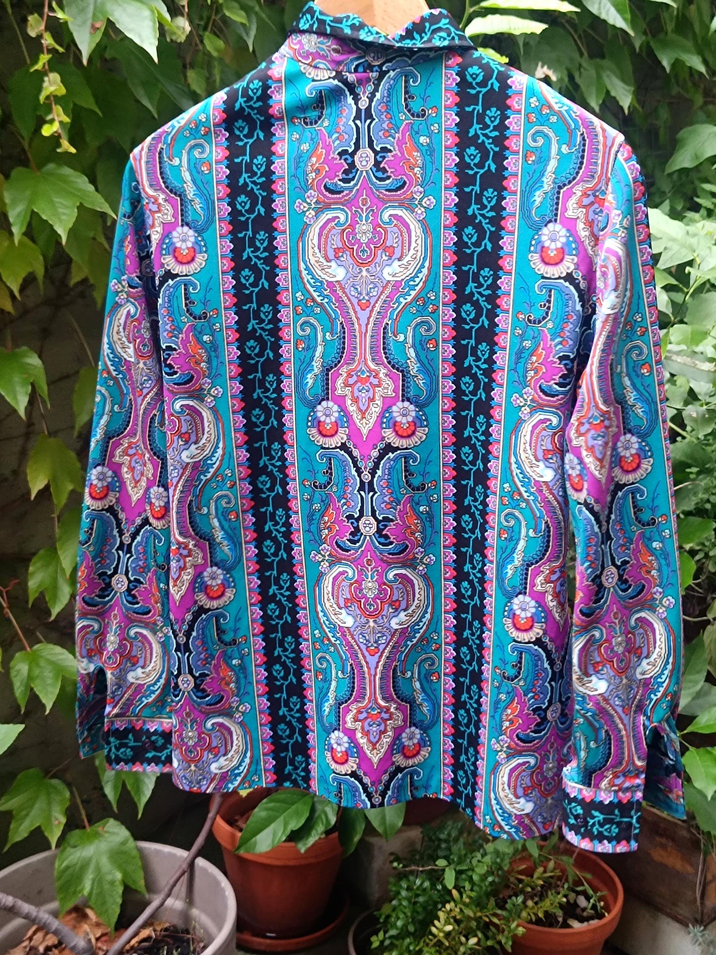 Vintage Crazy Print Blouse | Women's 70s Maximalist Floral Print Long-sleeved Shirt in Blue and Red