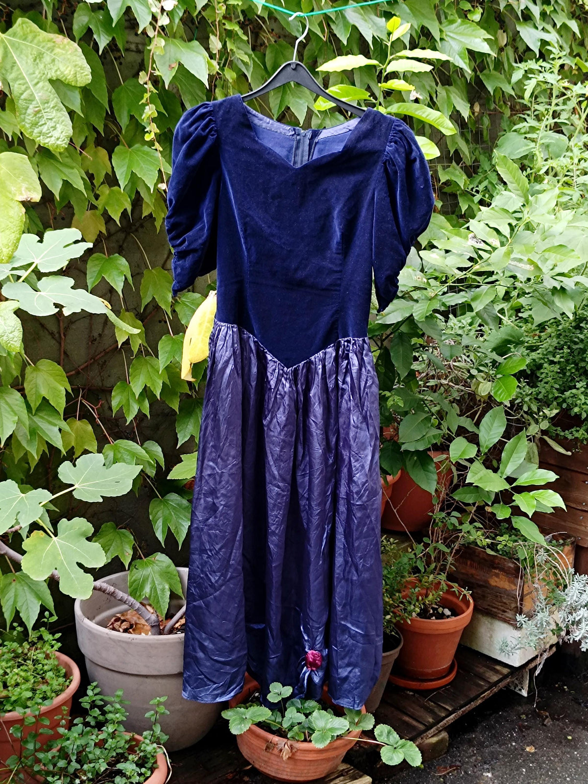 Velvet Maxi Dress 80s Vintage Blue - Puff Sleeve Prom Evening Gown XS