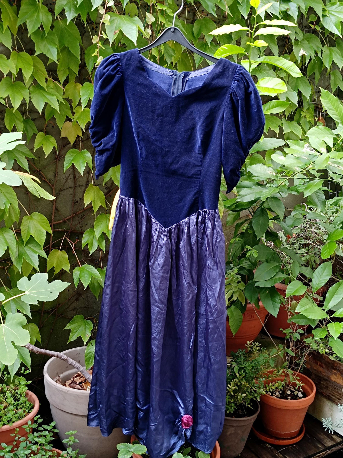 Velvet Maxi Dress 80s Vintage Blue - Puff Sleeve Prom Evening Gown XS