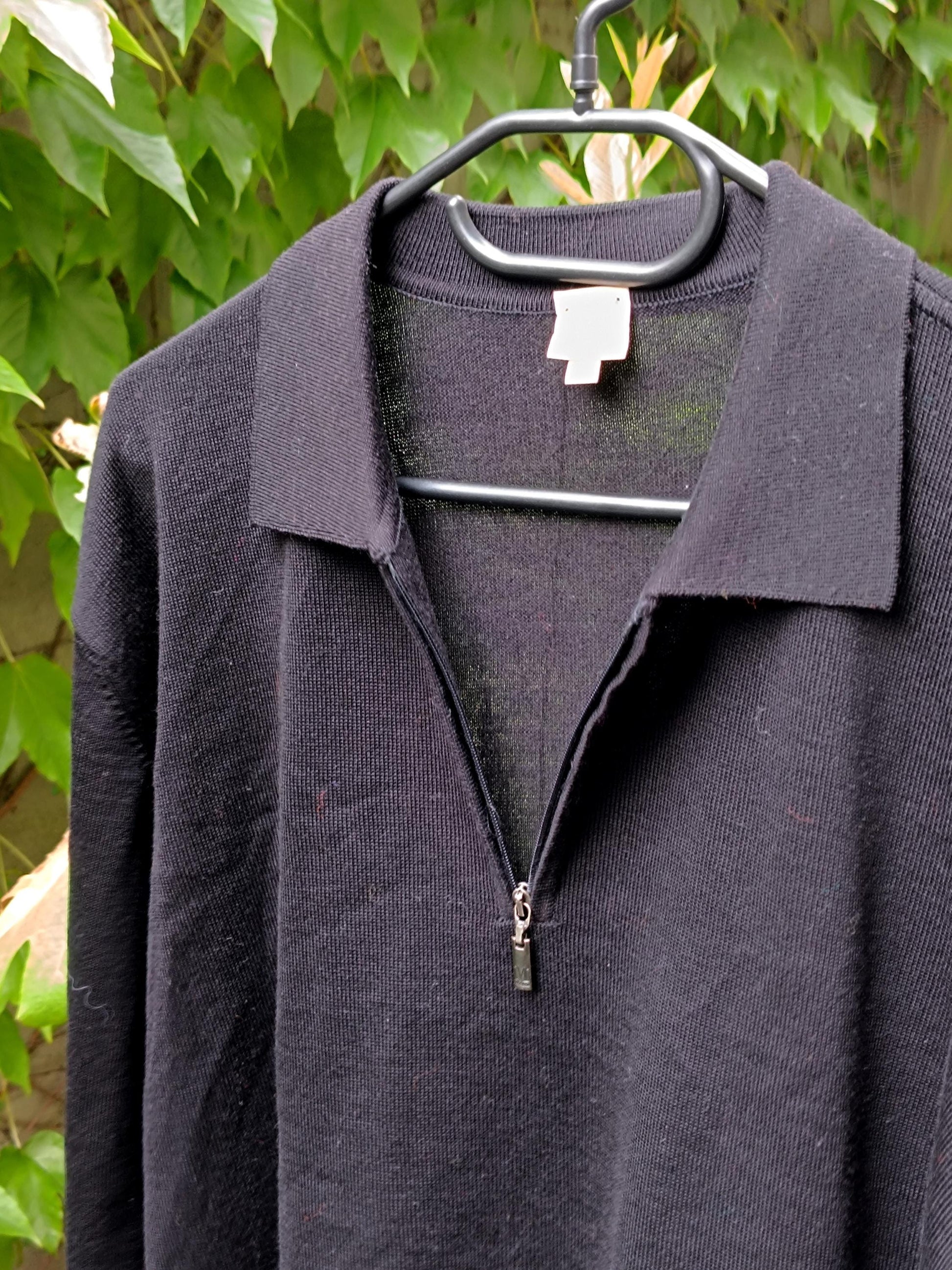 90s März Wool Sweater| Vintage Black Zip Up Minimalist Pullover Sweater | Unisex Purist Fall Sweater